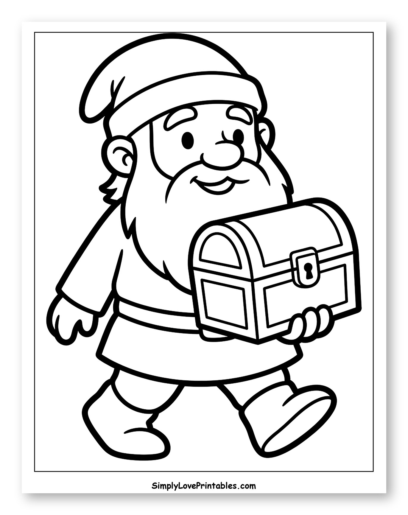 Happy Gnome Carrying a Treasure Chest to Color for Toddlers