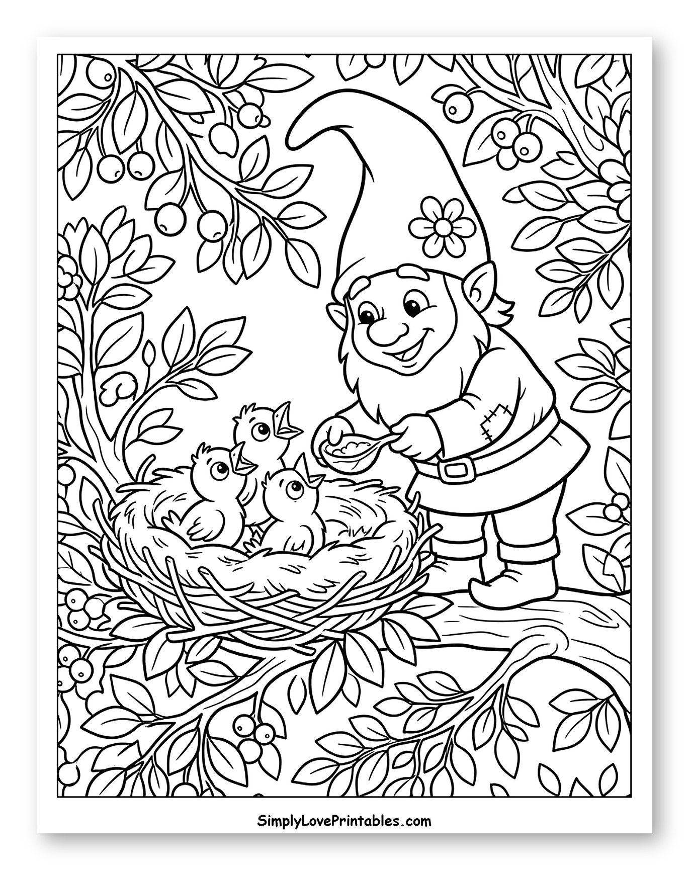Happy Gnome Feeding Baby Birds in a Nest