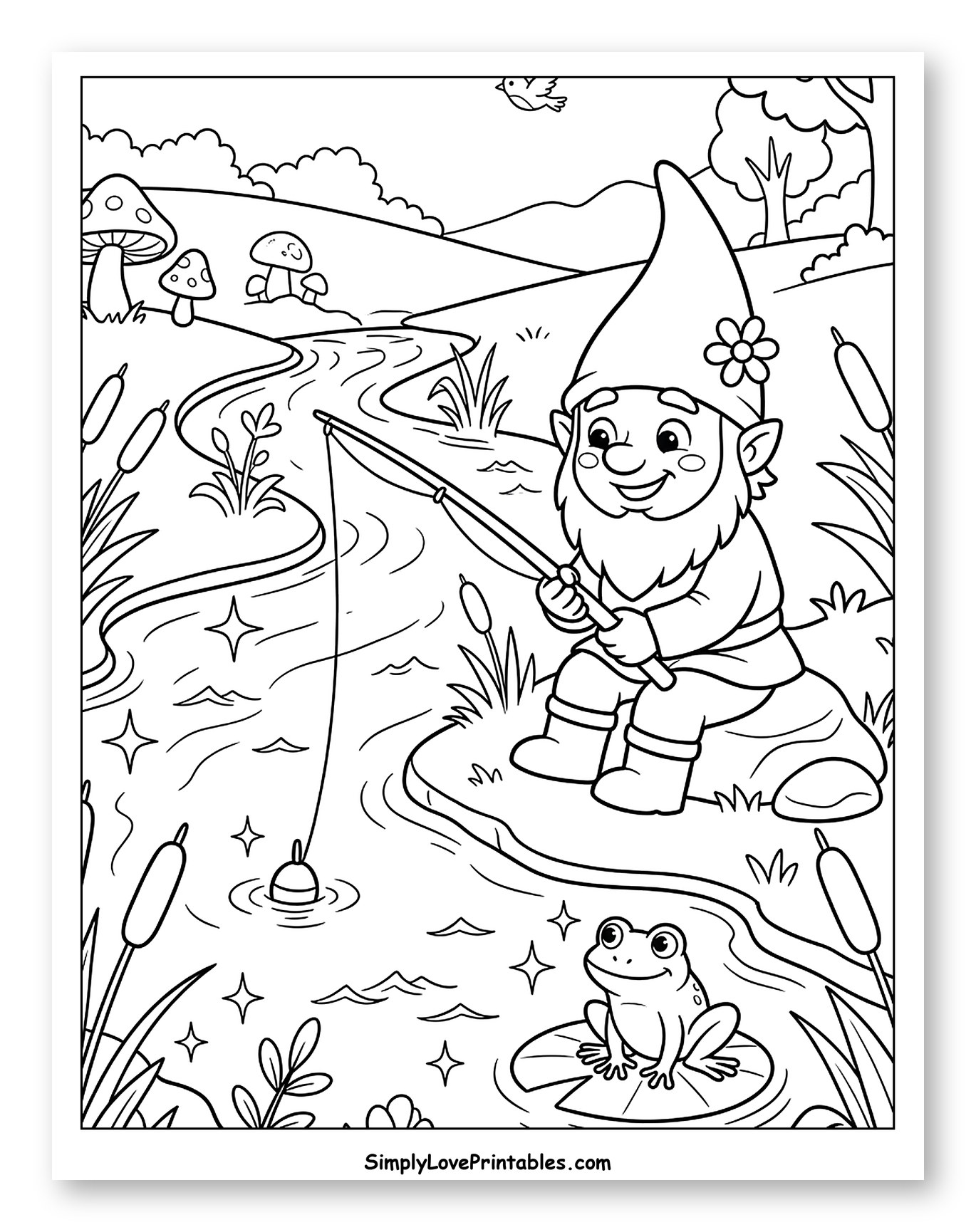 Happy Gnome Fishing in a Peaceful Stream Coloring Sheet for Kids