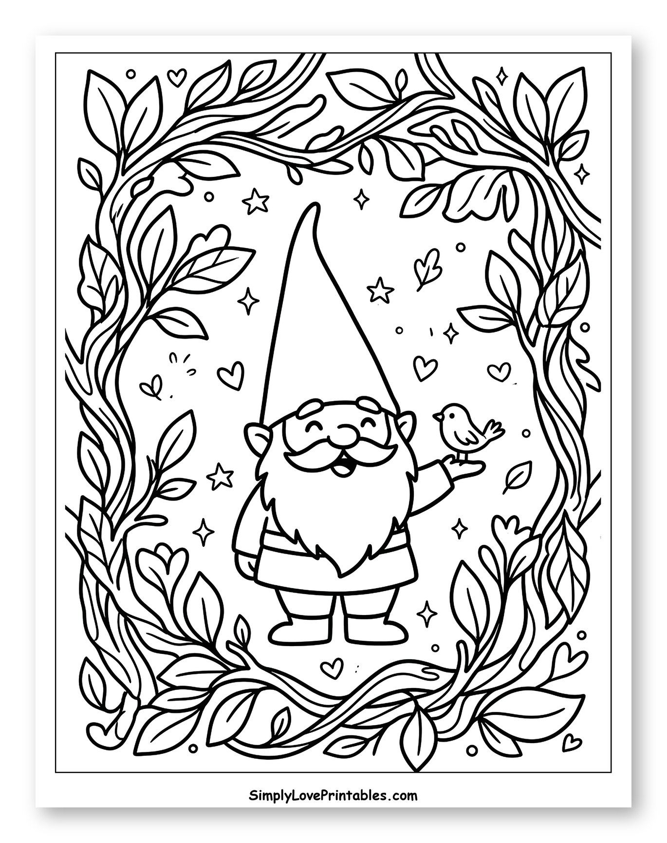 Happy Gnome Holding a Bird in a Leafy Frame to Color for Adults