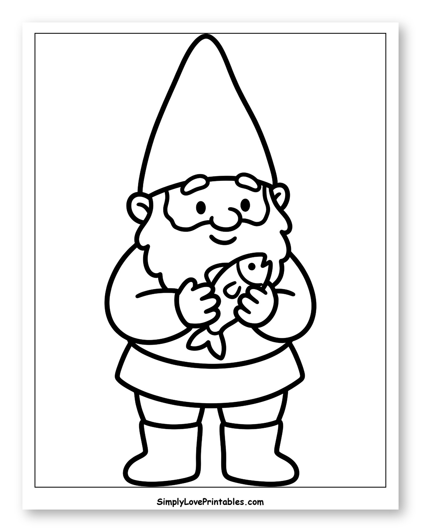 Happy Gnome Holding a Freshly Caught Fish Coloring Sheet for Toddlers