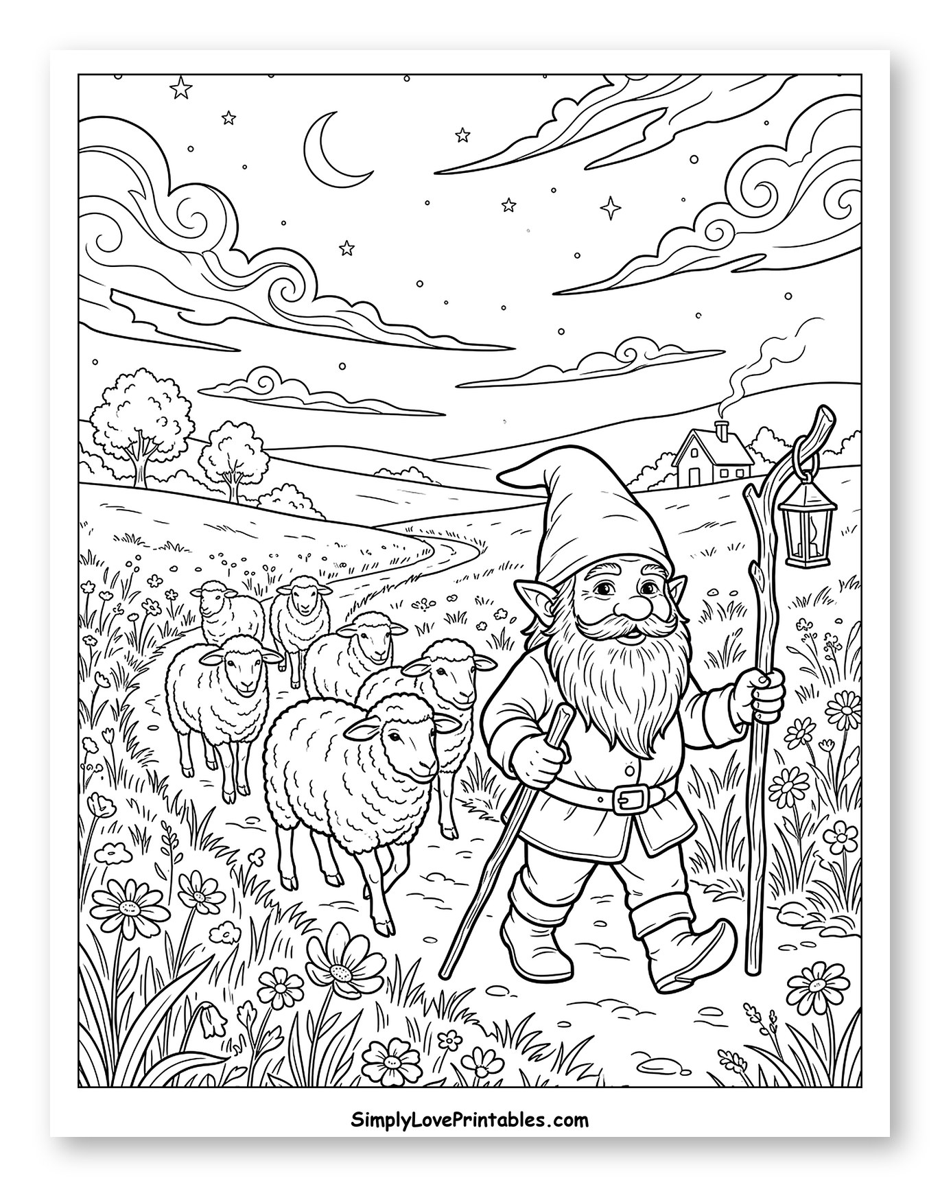 Happy Gnome Leading Sheep Under Moonlight
