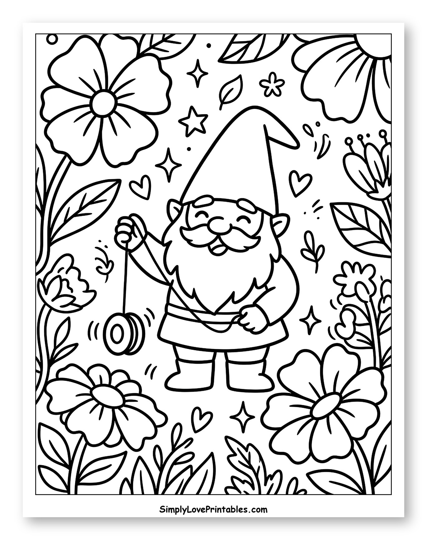 Happy Gnome Playing Yoyo in a Flower Garden Coloring Sheet for Adults