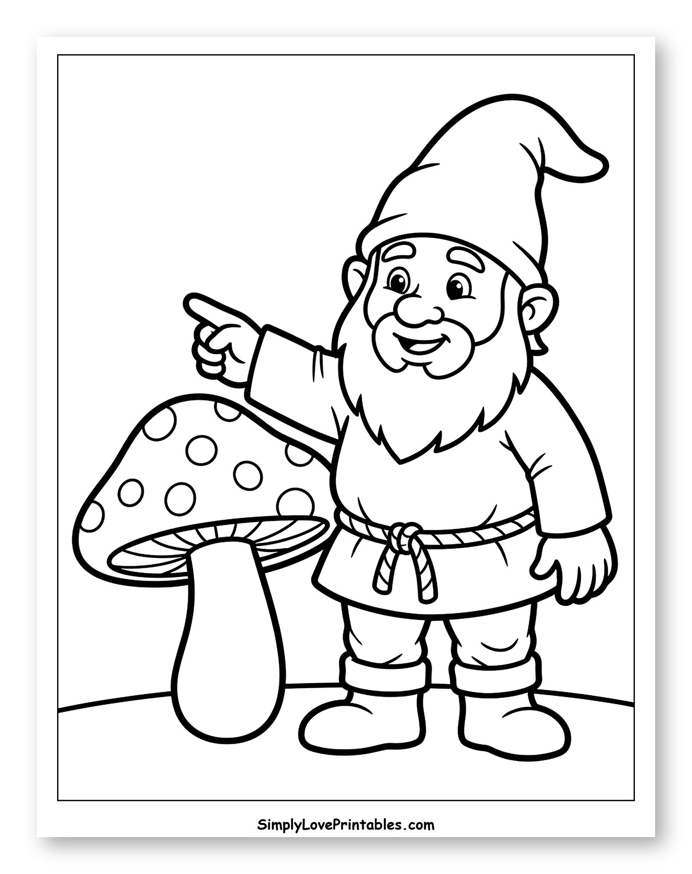 Happy Gnome Pointing Next to a Mushroom Coloring Page for Toddlers