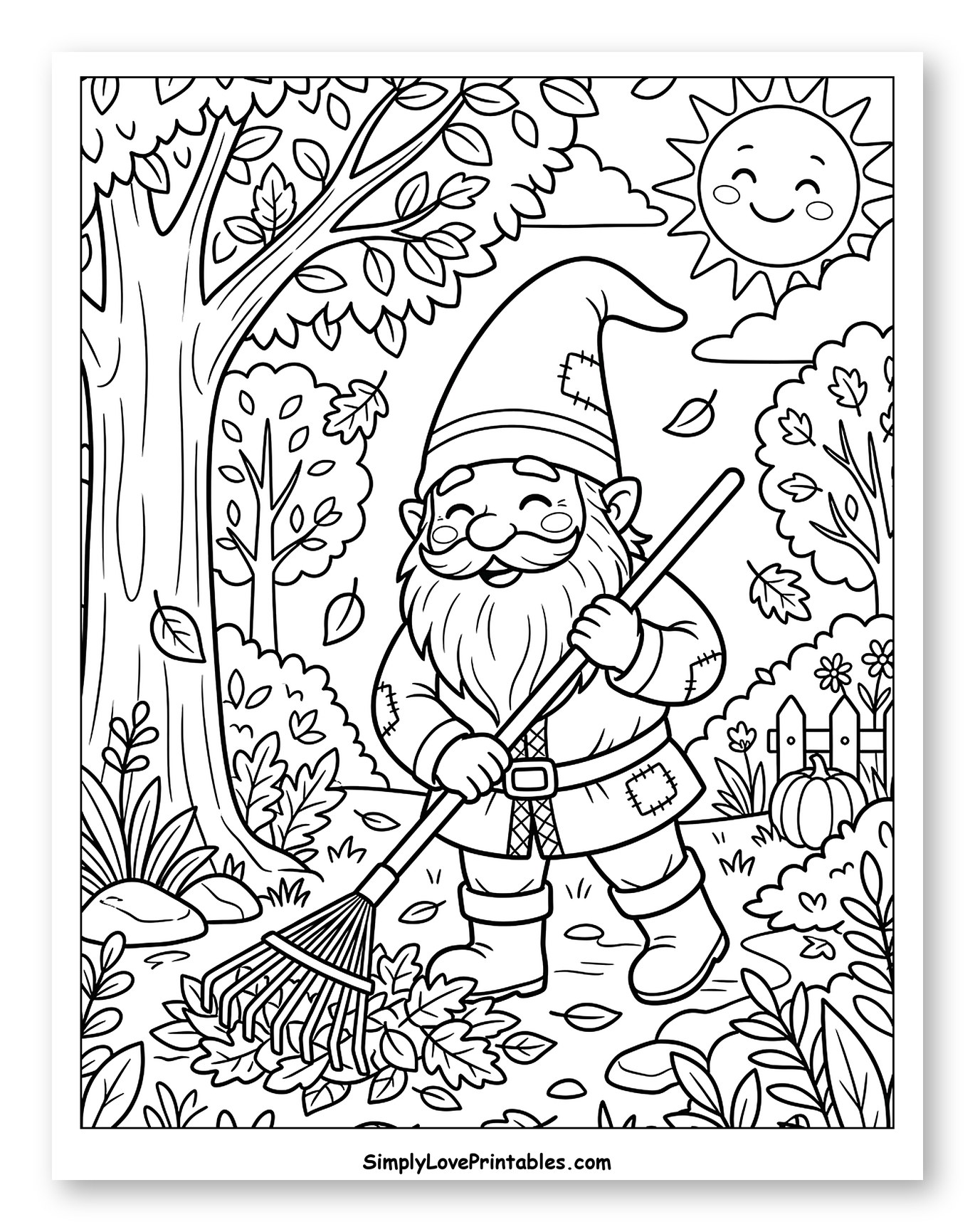 Happy Gnome Raking Autumn Leaves Coloring Page for Kids