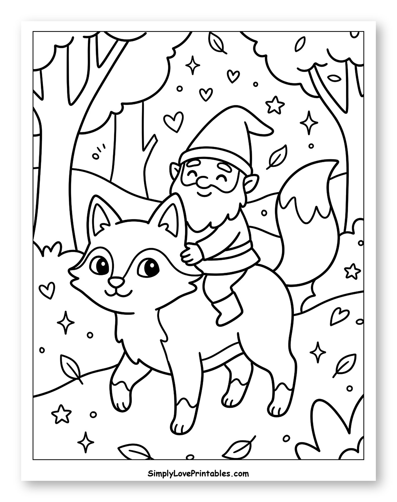 Happy Gnome Riding a Smiling Fox Through Woods