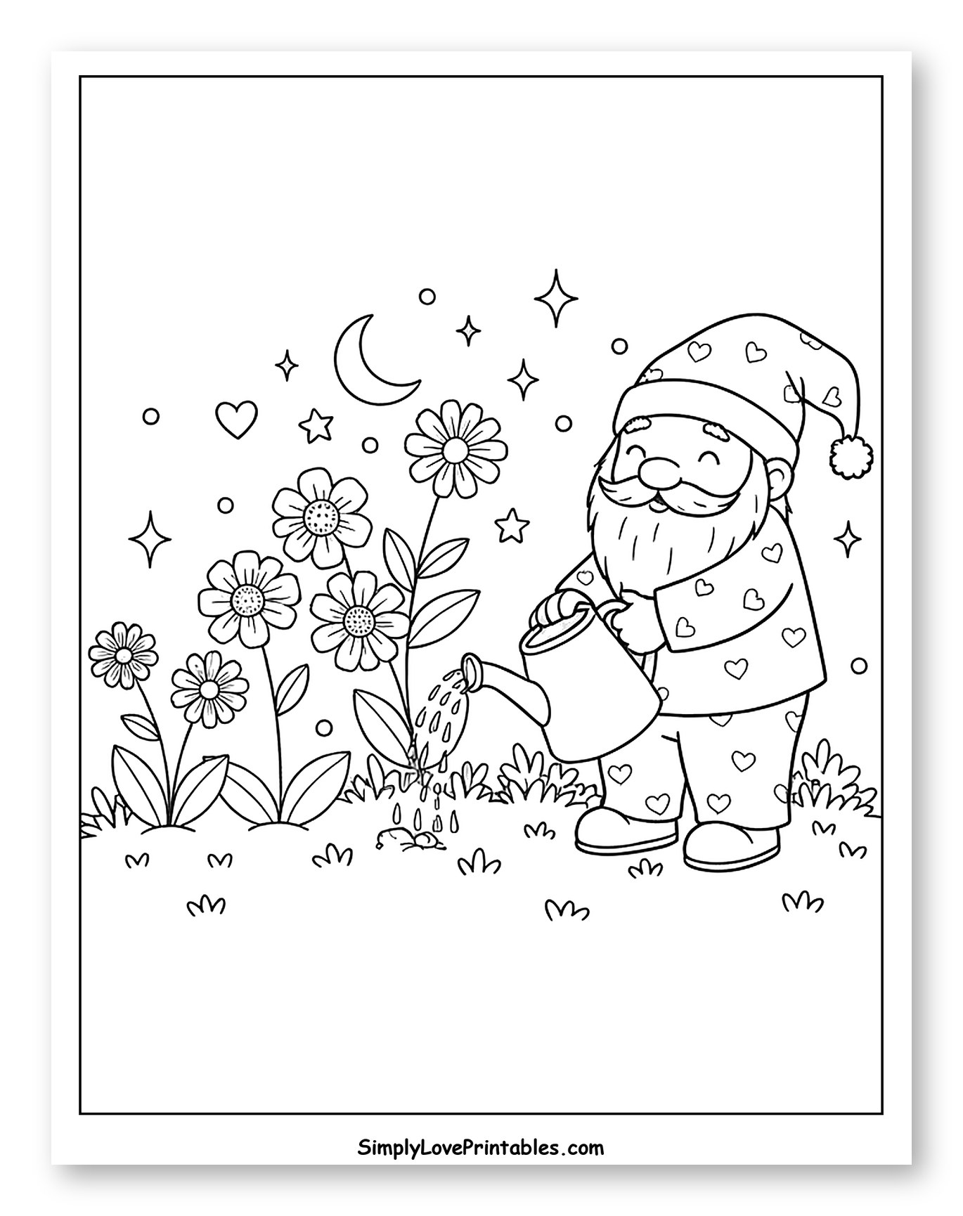 Happy Gnome Watering Flowers in Pajamas