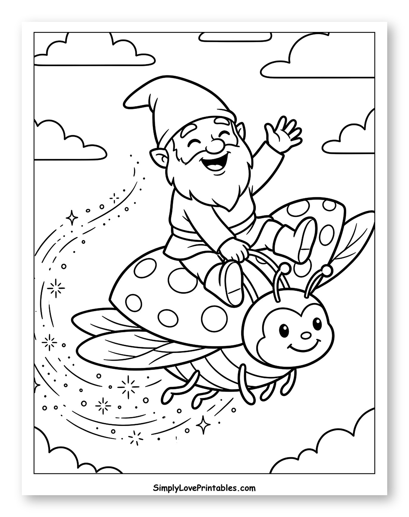 Happy Gnome Waving While Riding a Ladybug