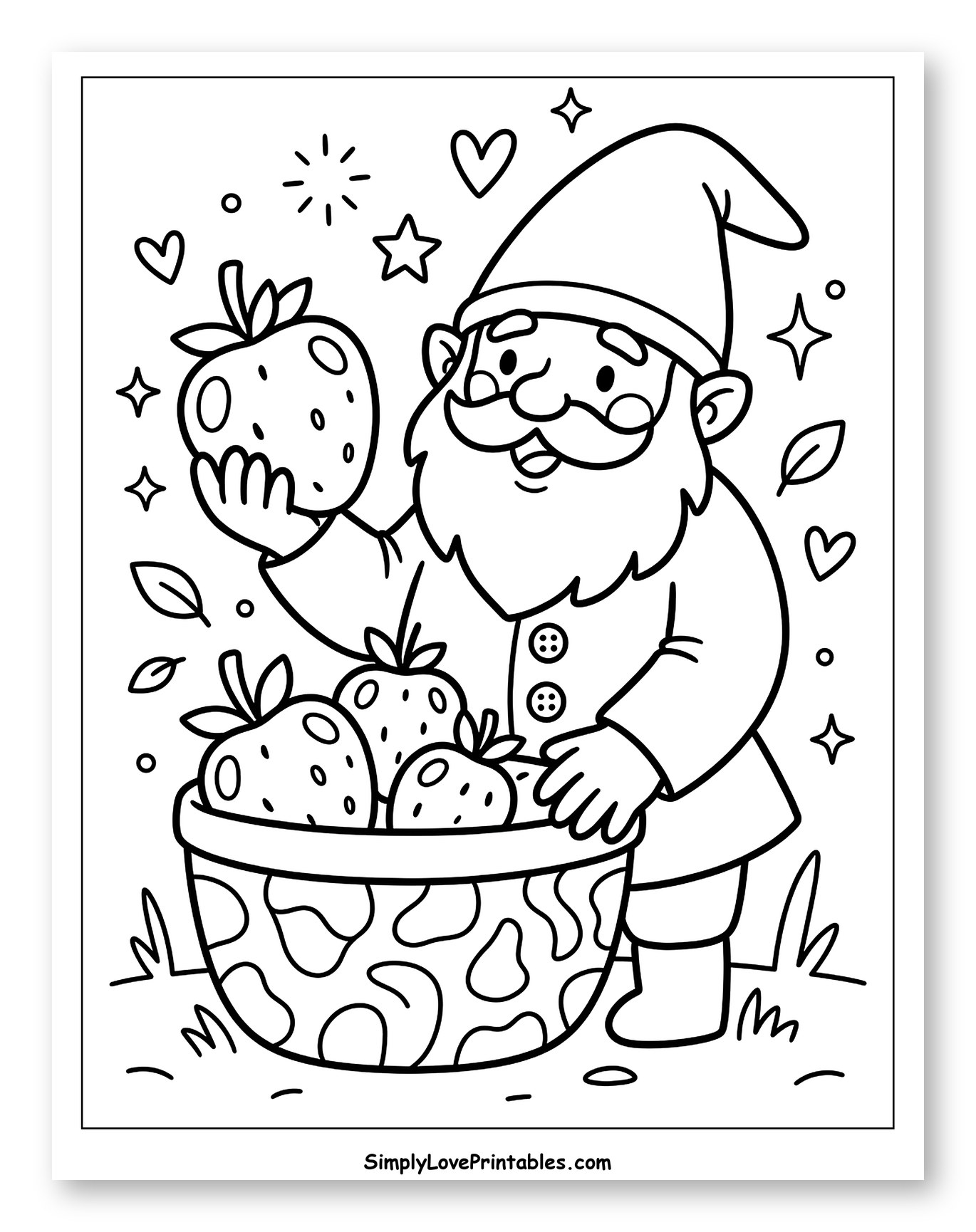 Happy Gnome with Bowl of Strawberries Coloring Sheet for Adults