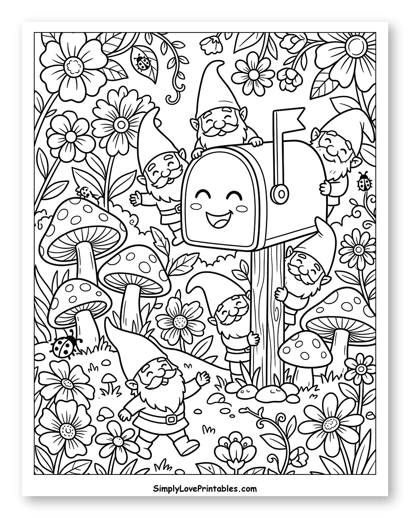 Happy Gnomes in a Garden with Mailbox