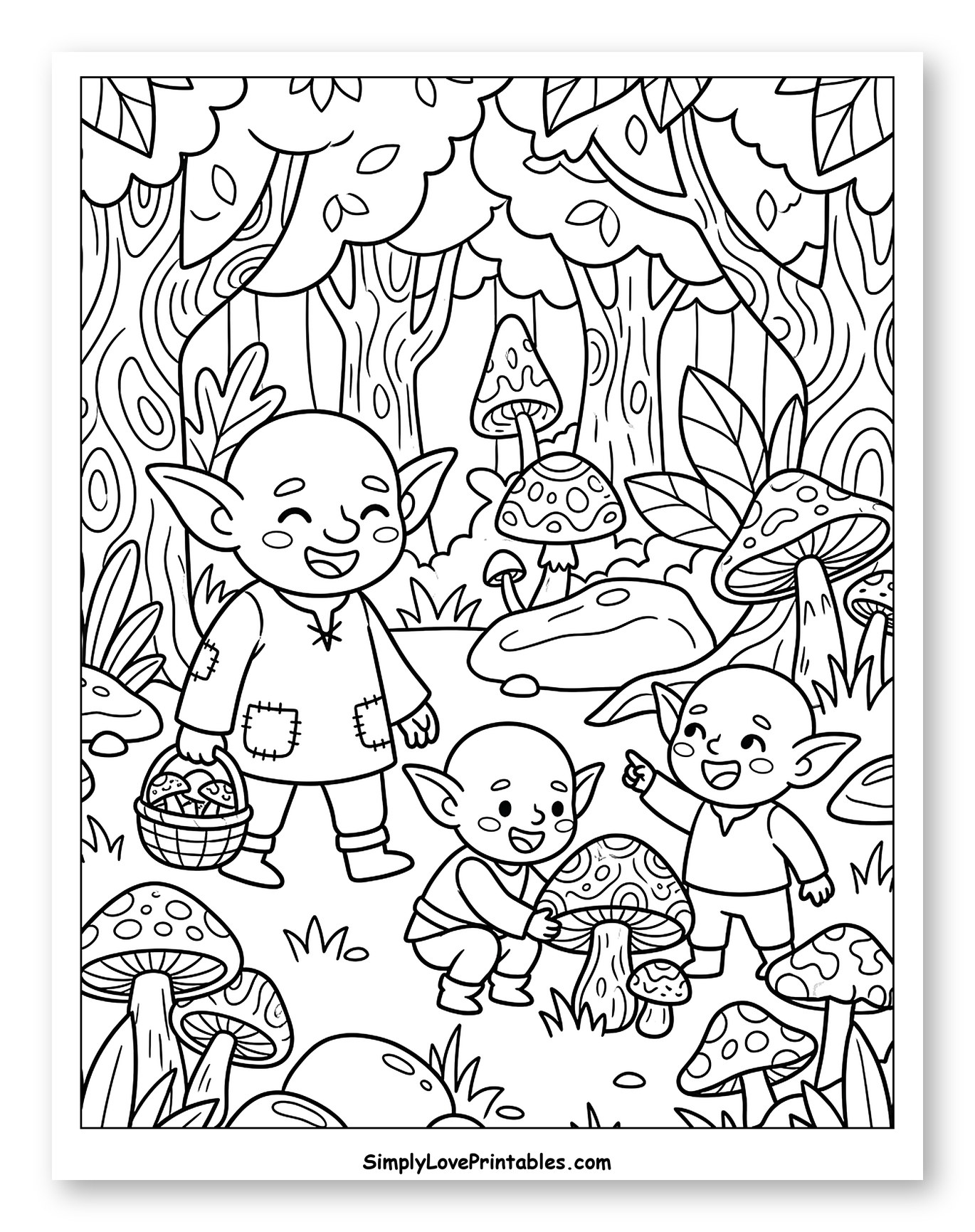 Happy Goblins Collecting Mushrooms in Forest Coloring Sheet for Kids