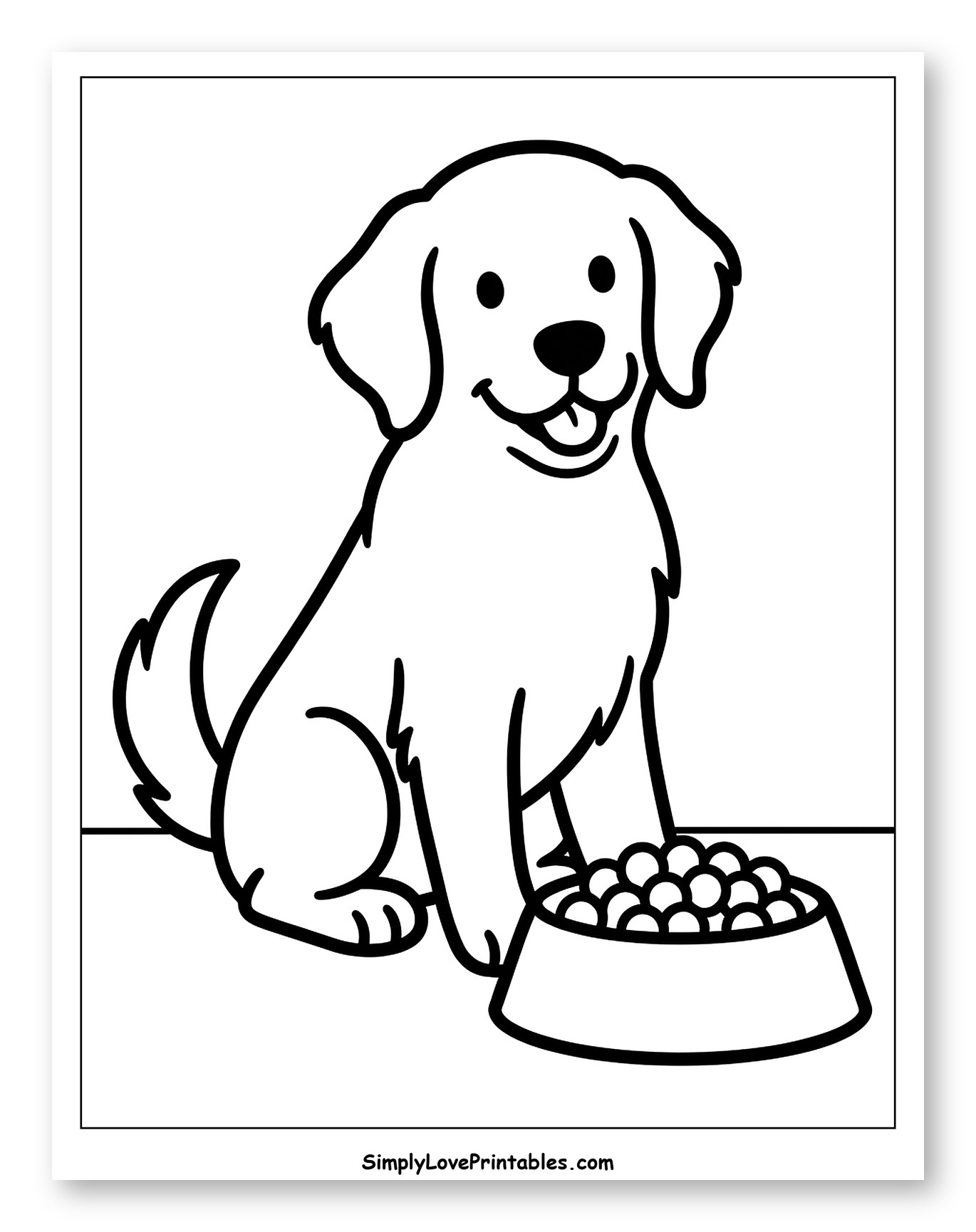Happy Golden Retriever and Food Bowl Coloring Sheet for Toddlers
