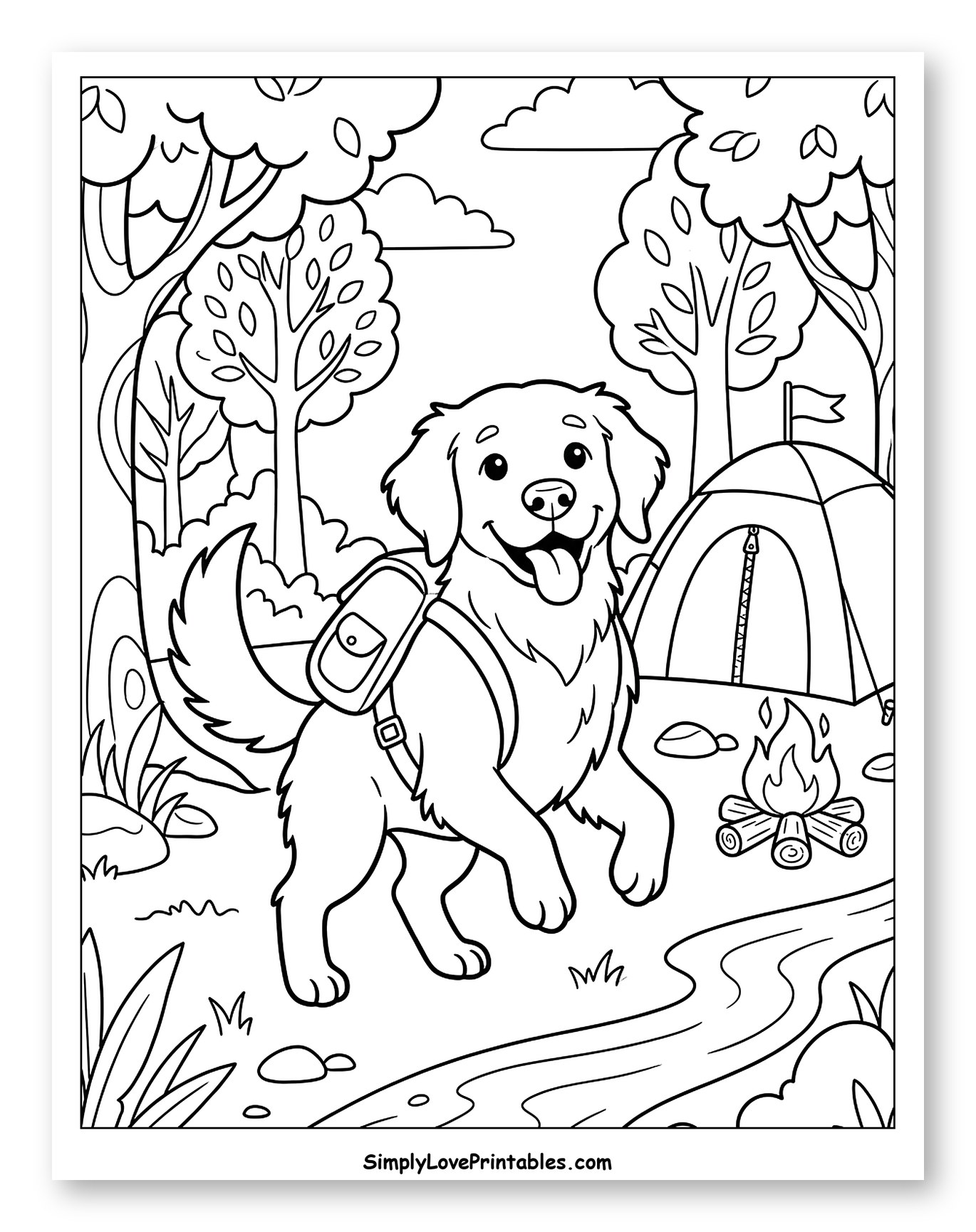 Happy Golden Retriever Camping Adventure Coloring Page for Kids