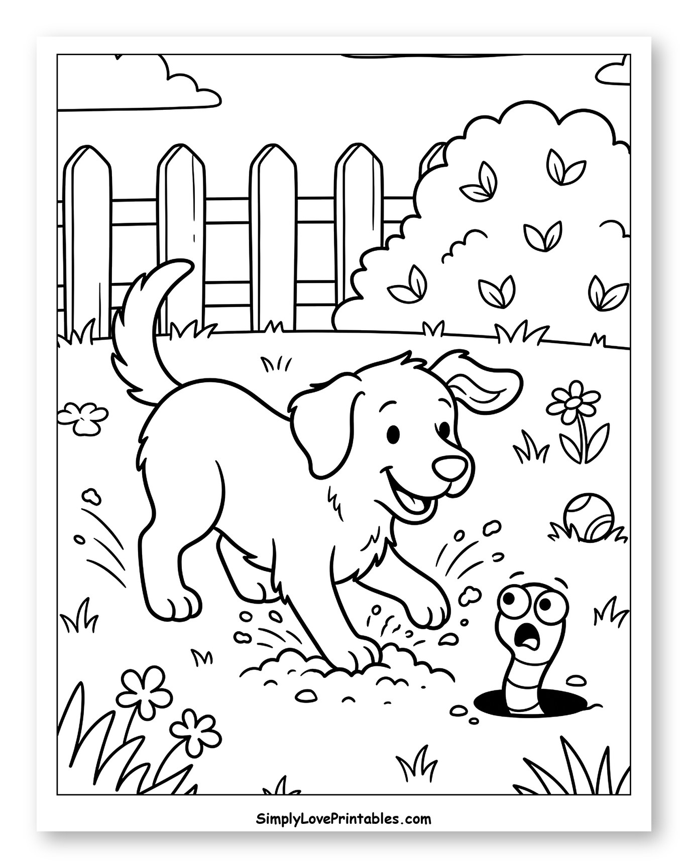 Happy Golden Retriever Digging for a Worm to Color for Kids
