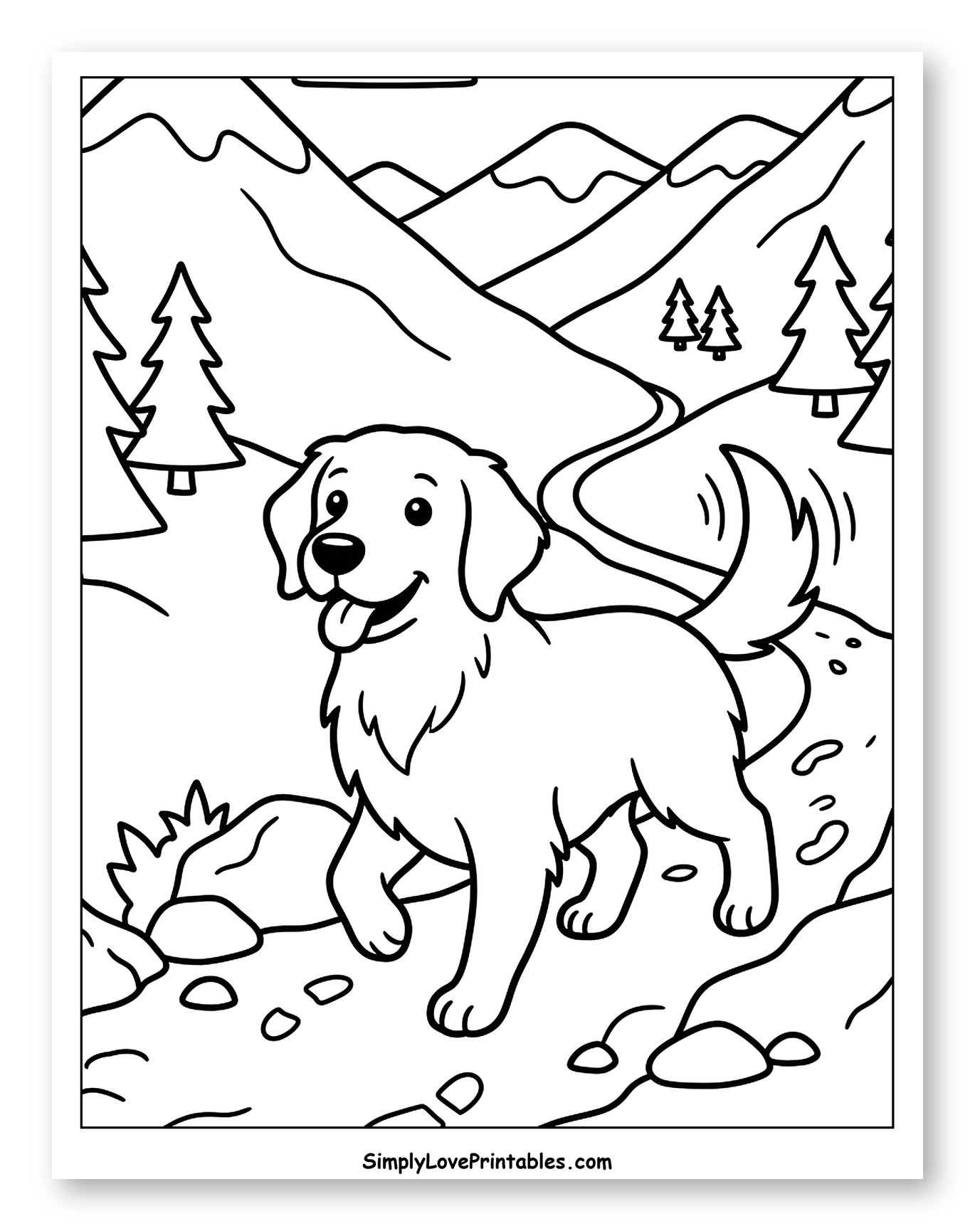 Happy Golden Retriever Dog Hiking in Mountains