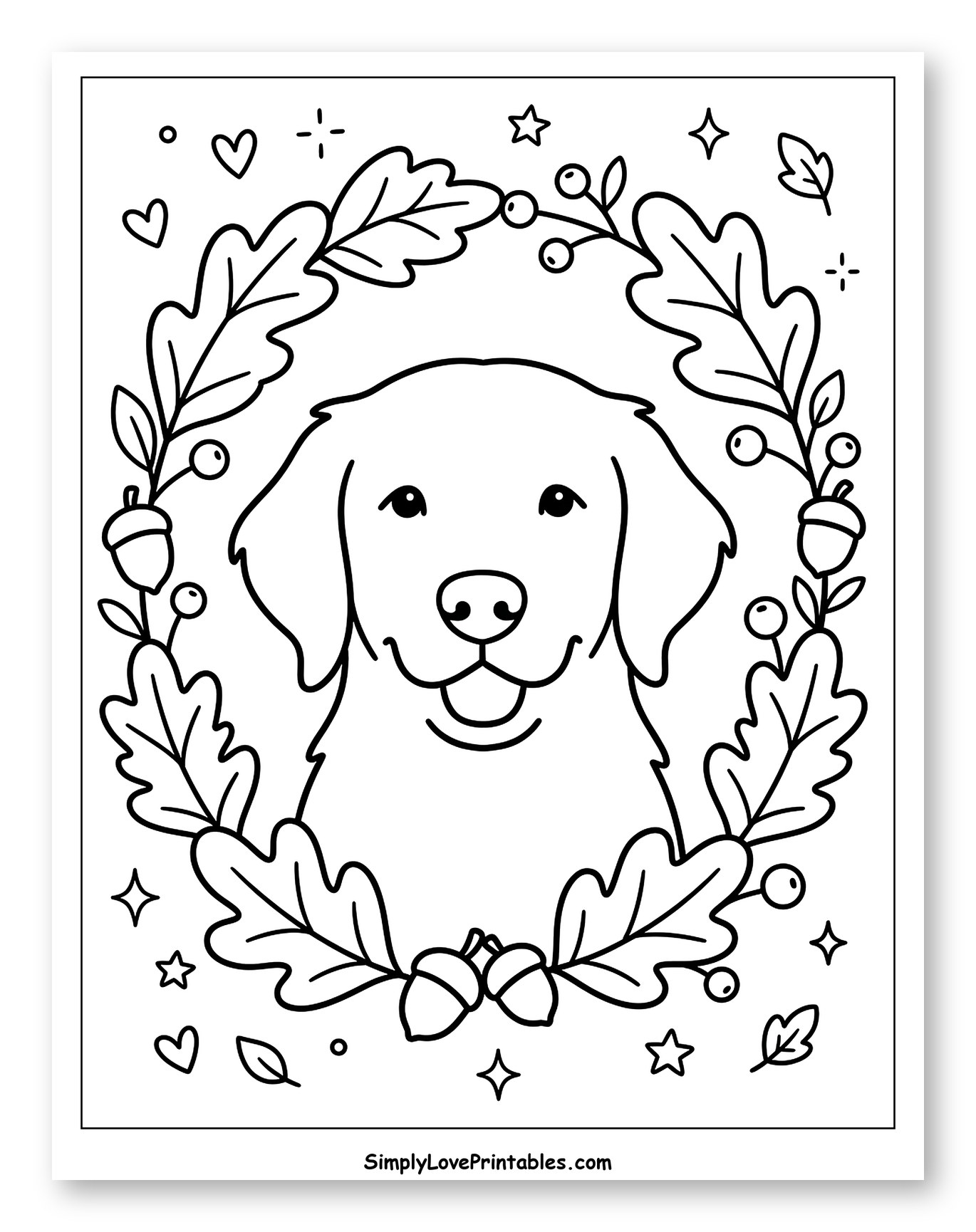 Happy Golden Retriever Head in Fall Wreath Coloring Page for Adults