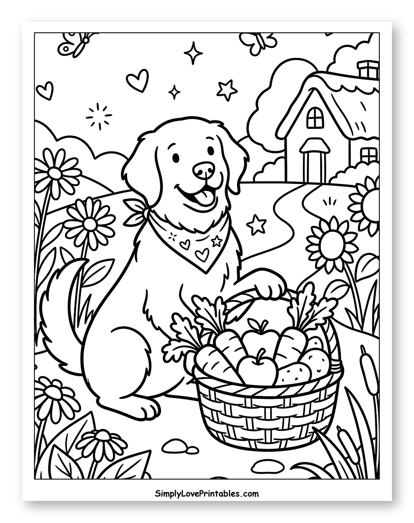 Happy Golden Retriever Holding Vegetable Basket Coloring Sheet for Adults