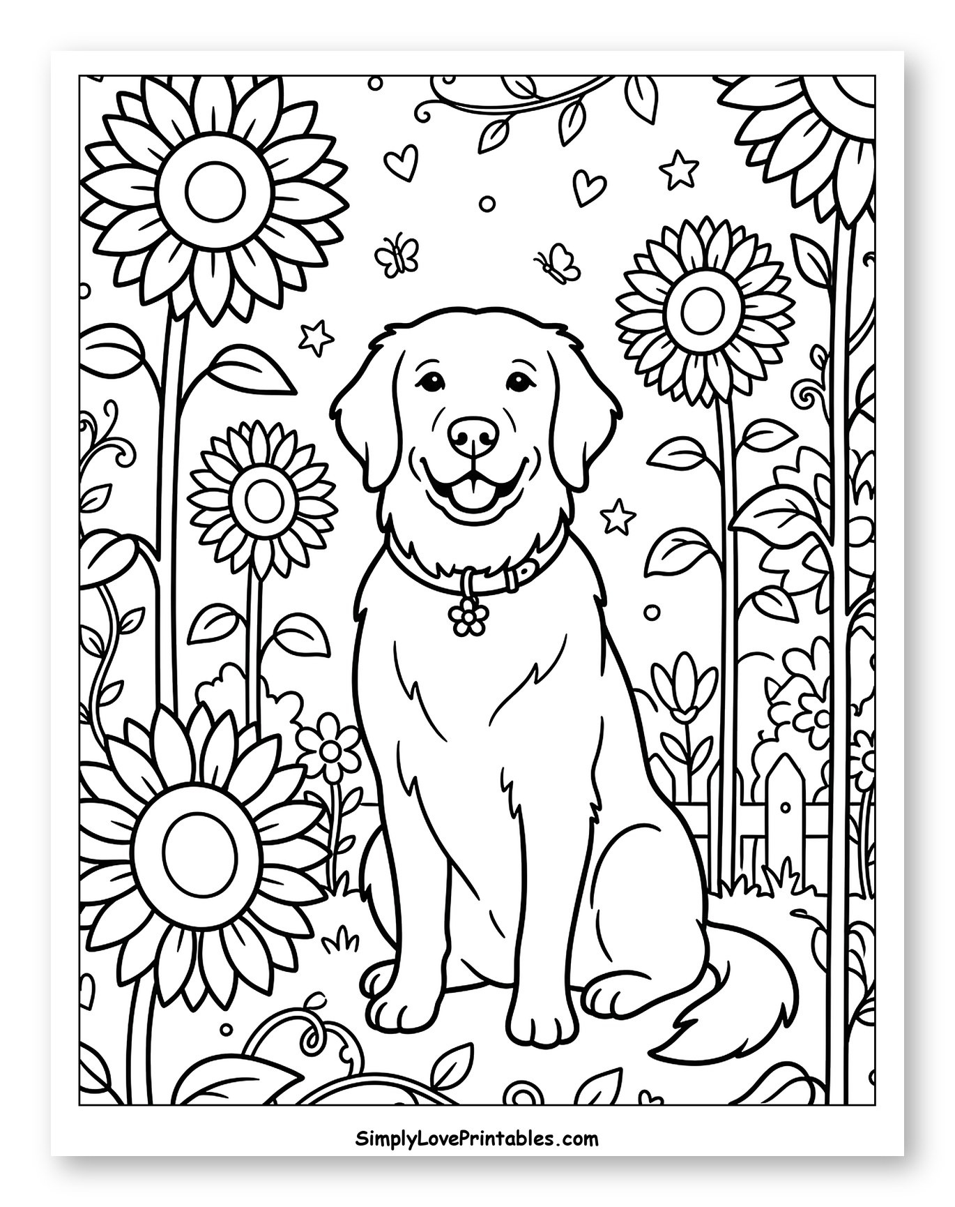 Happy Golden Retriever in Sunflower Field Coloring Page for Adults
