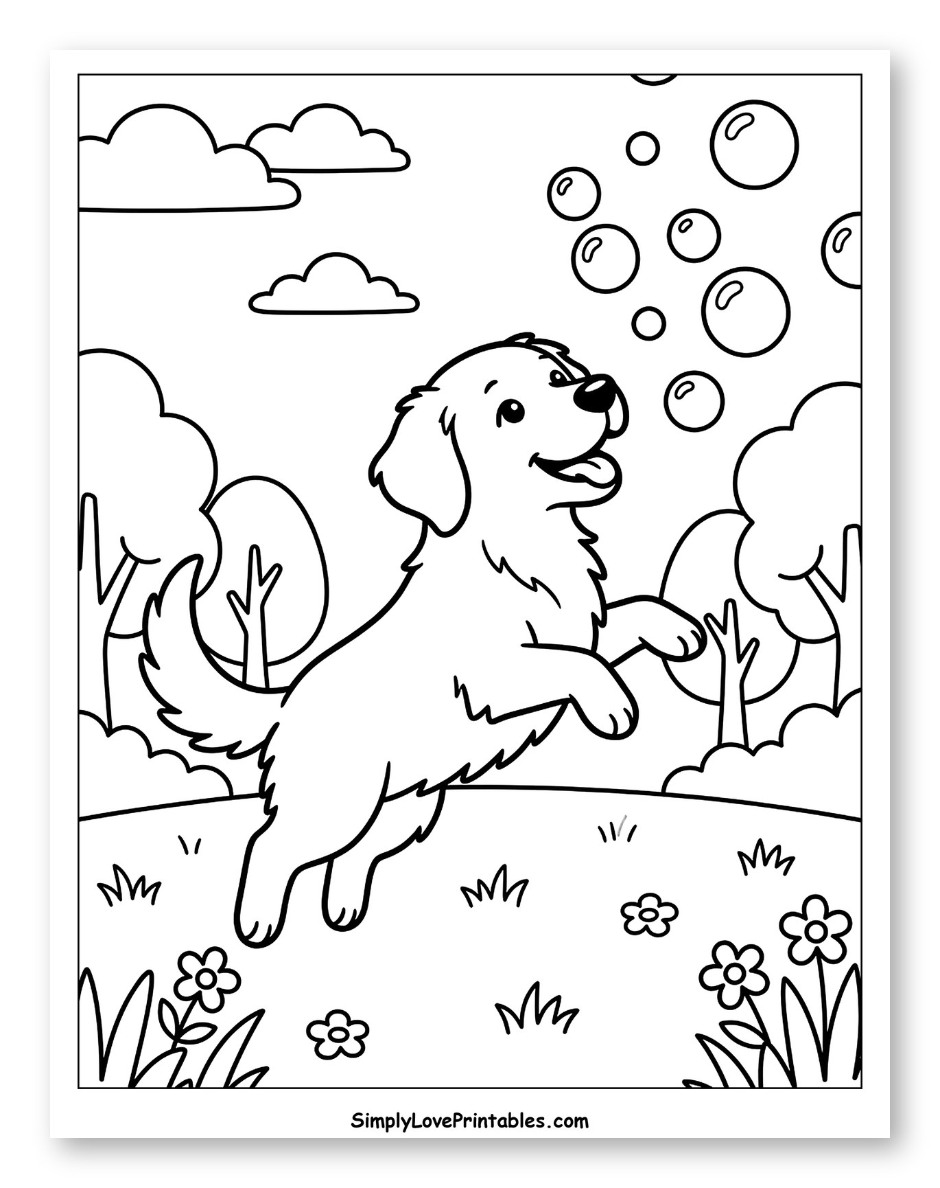 Happy Golden Retriever Leaping at Bubbles