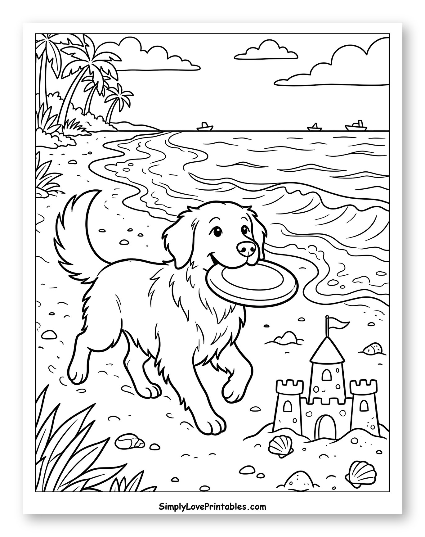 Happy Golden Retriever Playing Frisbee on Beach Coloring Page for Kids