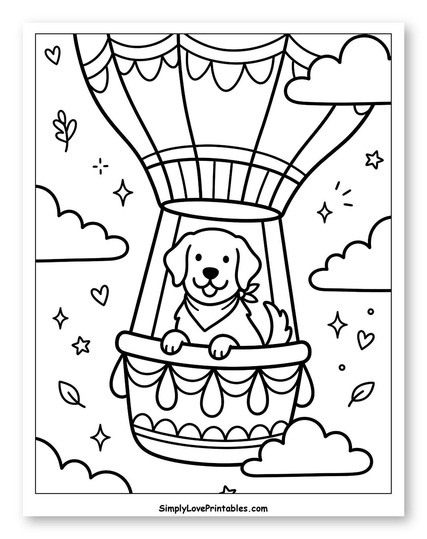 Happy Golden Retriever Puppy in Hot Air Balloon to Color for Adults