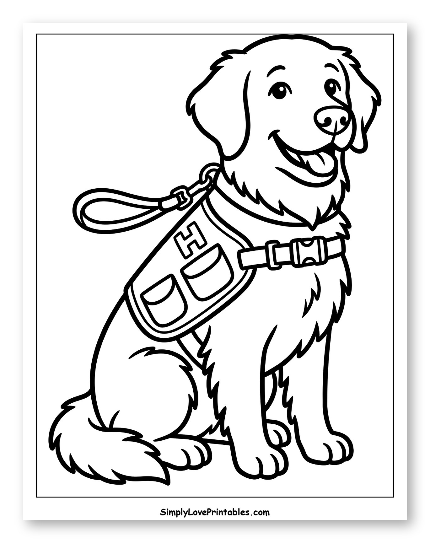 Happy Golden Retriever Service Dog Coloring Sheet for Toddlers