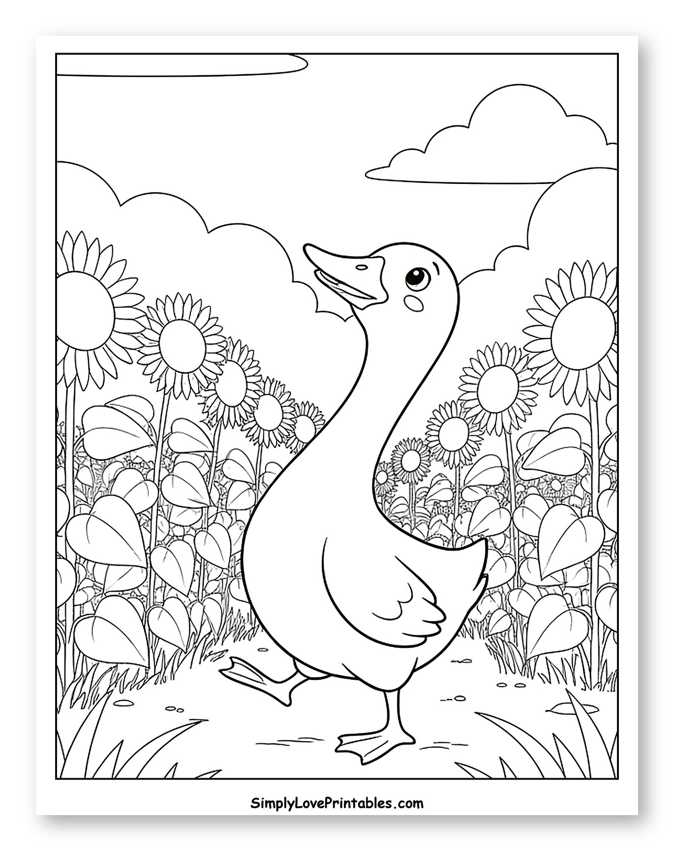 Happy Goose Among Sunflowers and Clouds