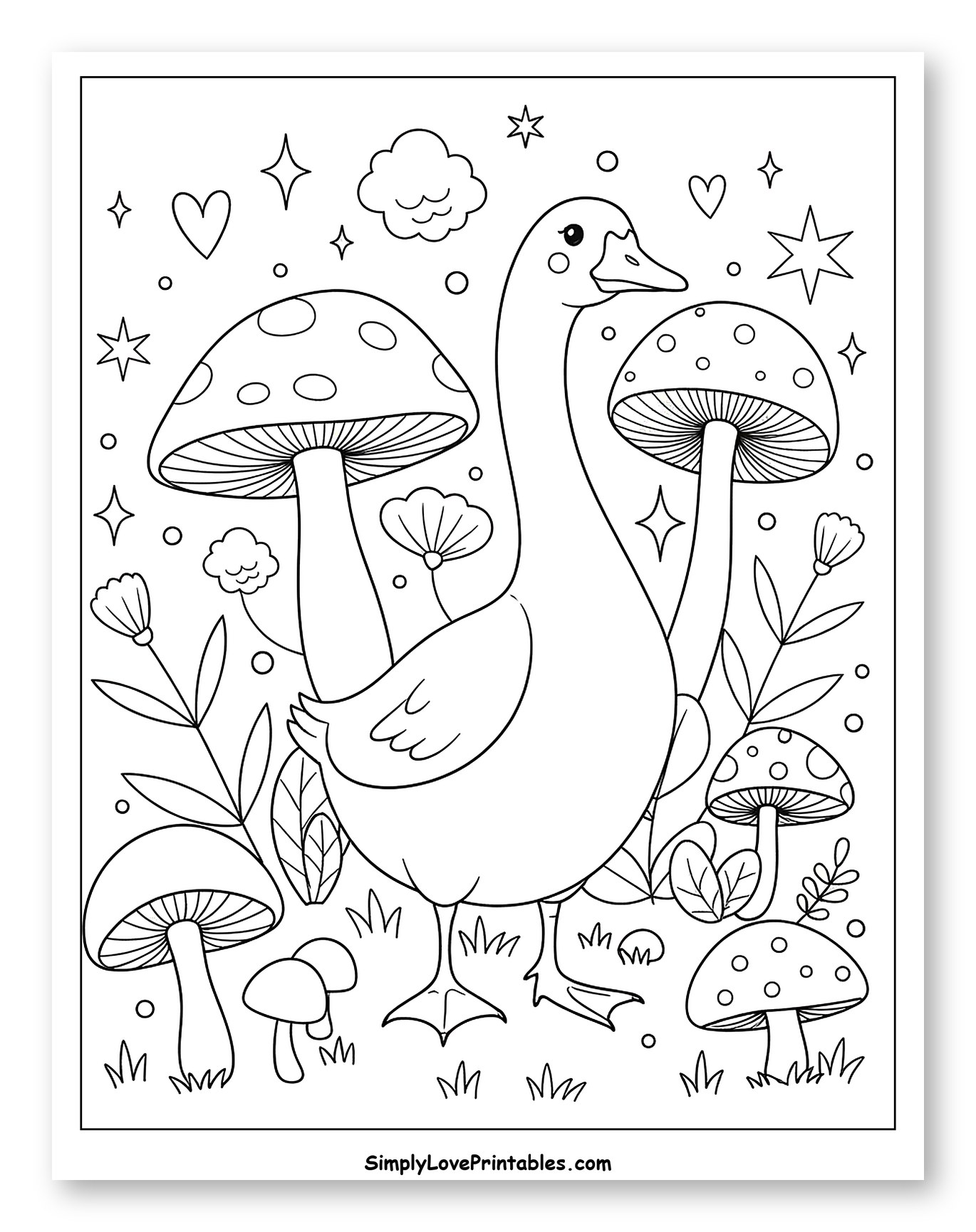 Happy Goose Among Whimsical Mushrooms Coloring Page for Adults