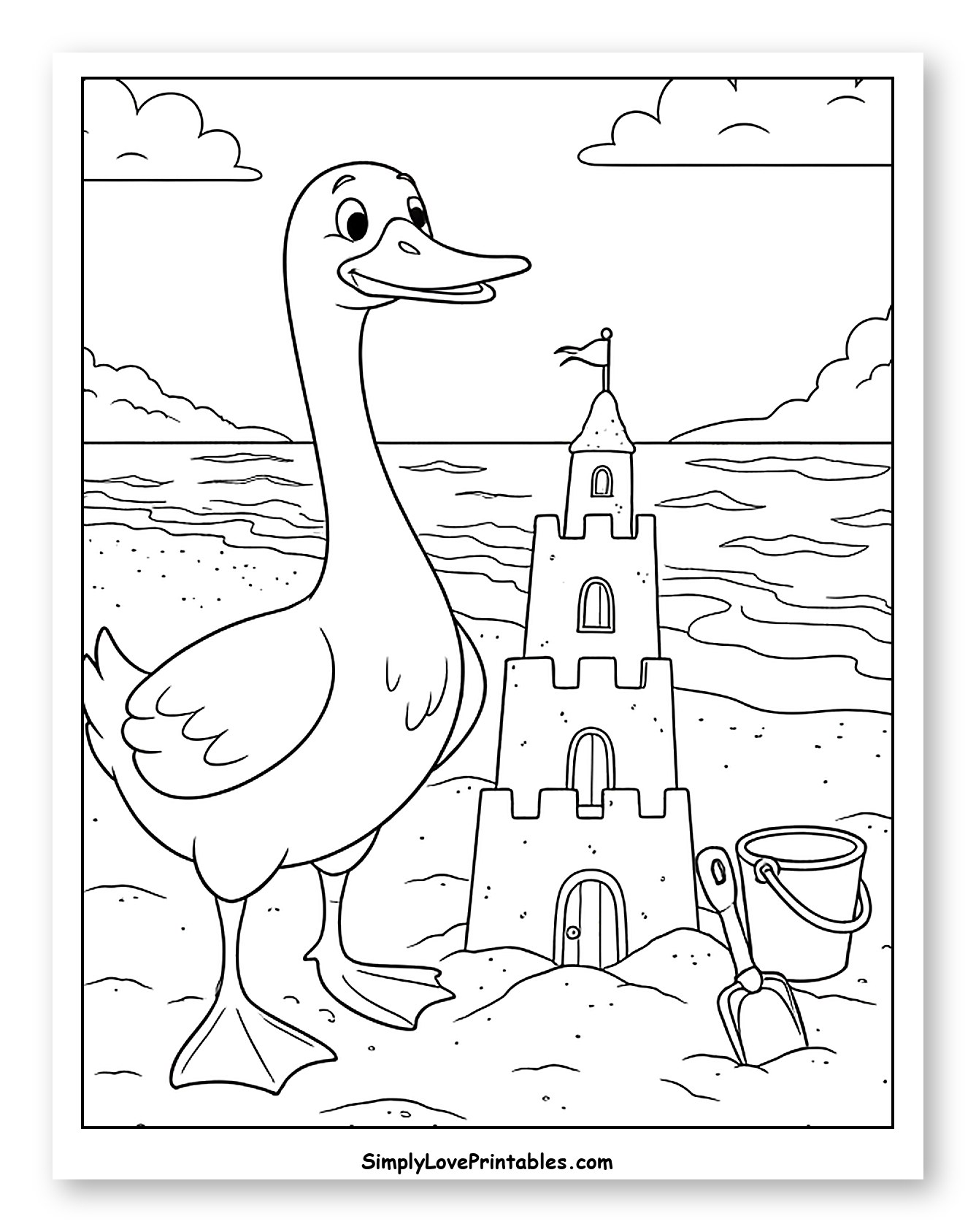 Happy Goose by the Ocean and Sandcastle Coloring Sheet for Kids