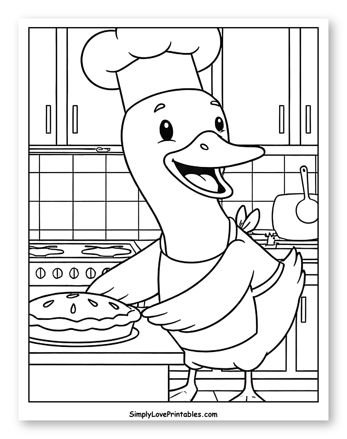 Happy Goose Chef Holding a Pie Coloring Sheet for Kids