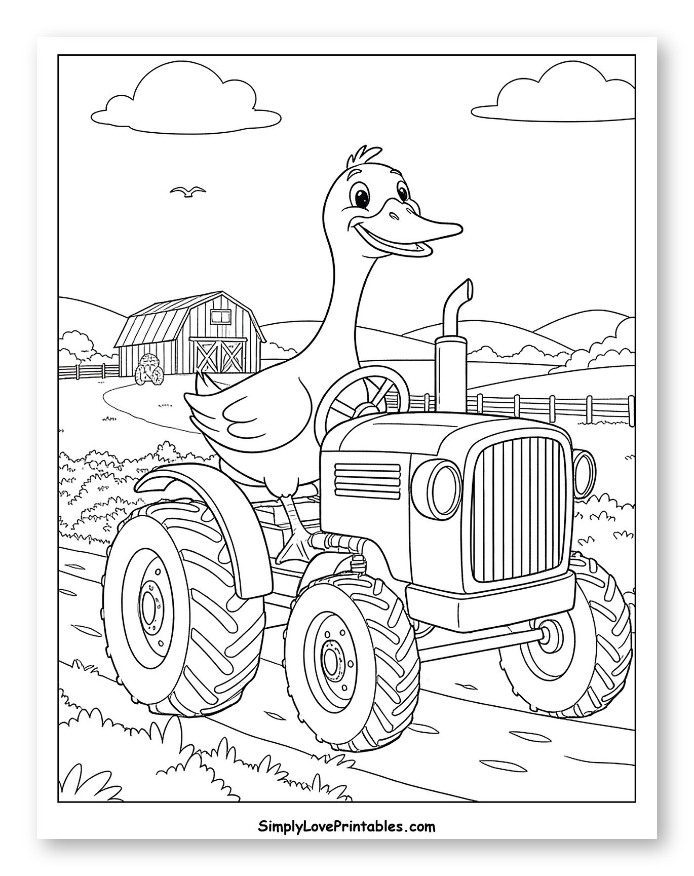 Happy Goose Driving a Tractor on a Farm to Color for Kids