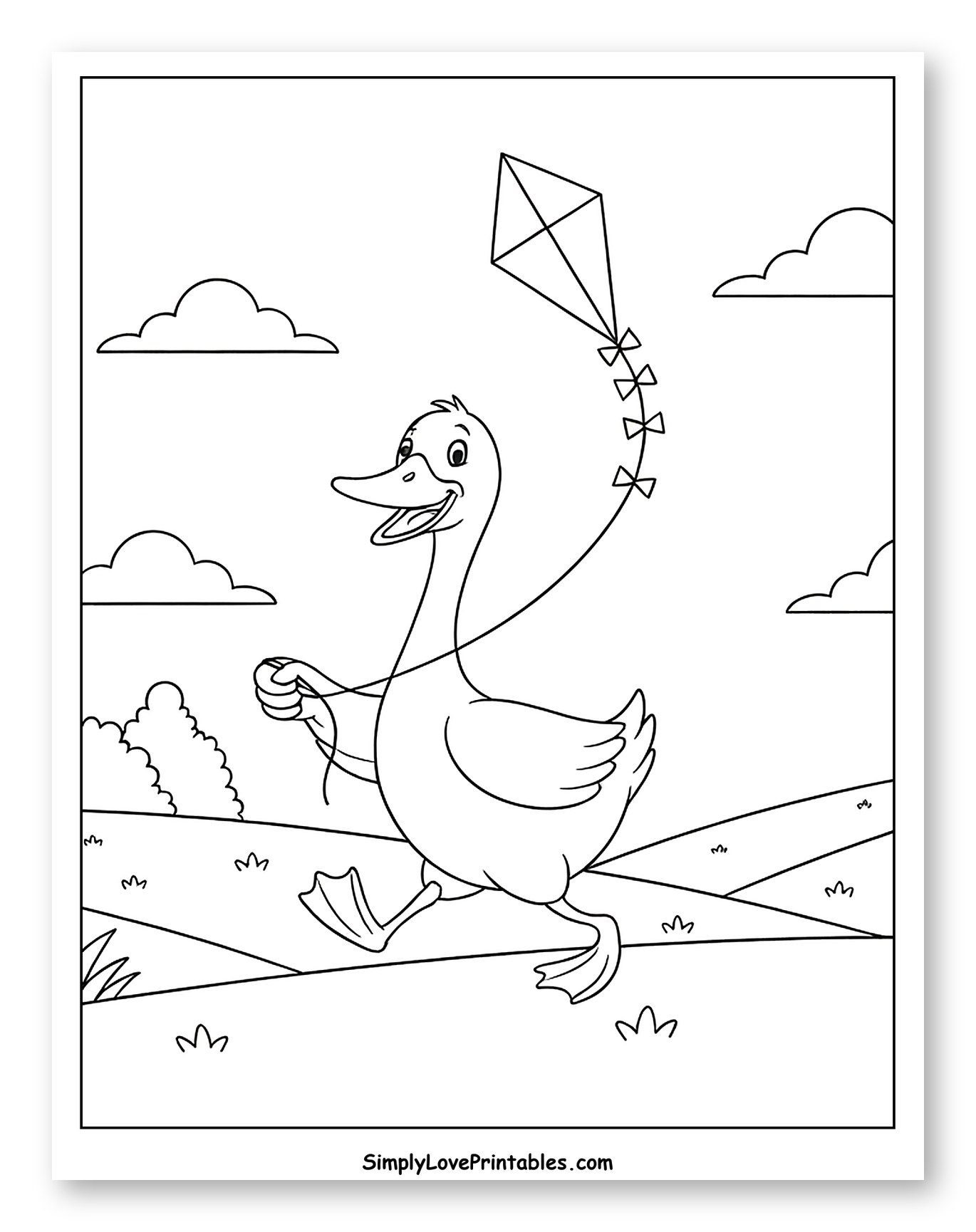 Happy Goose Flying a Kite in a Field