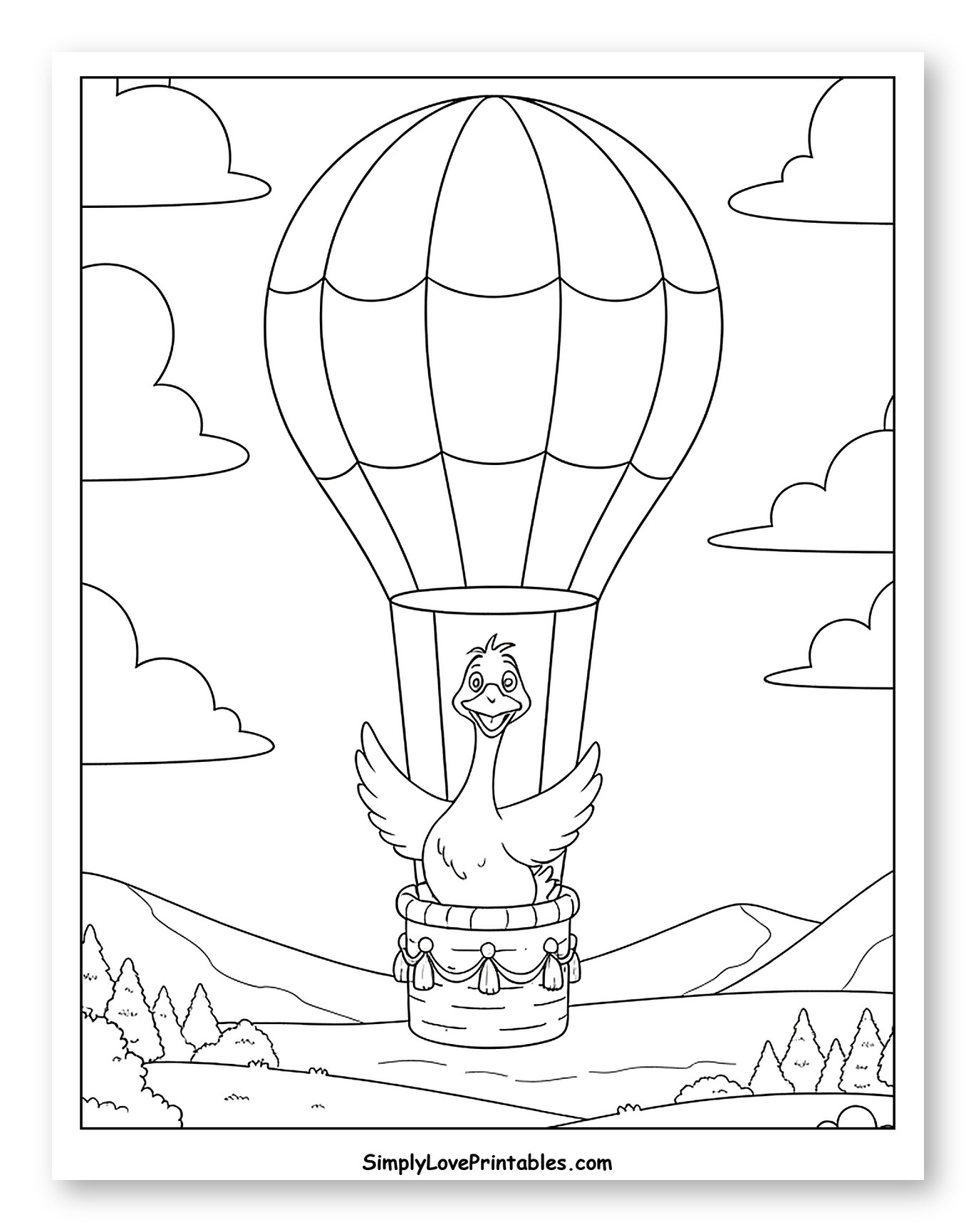 Happy Goose Flying in a Hot Air Balloon Coloring Page for Kids