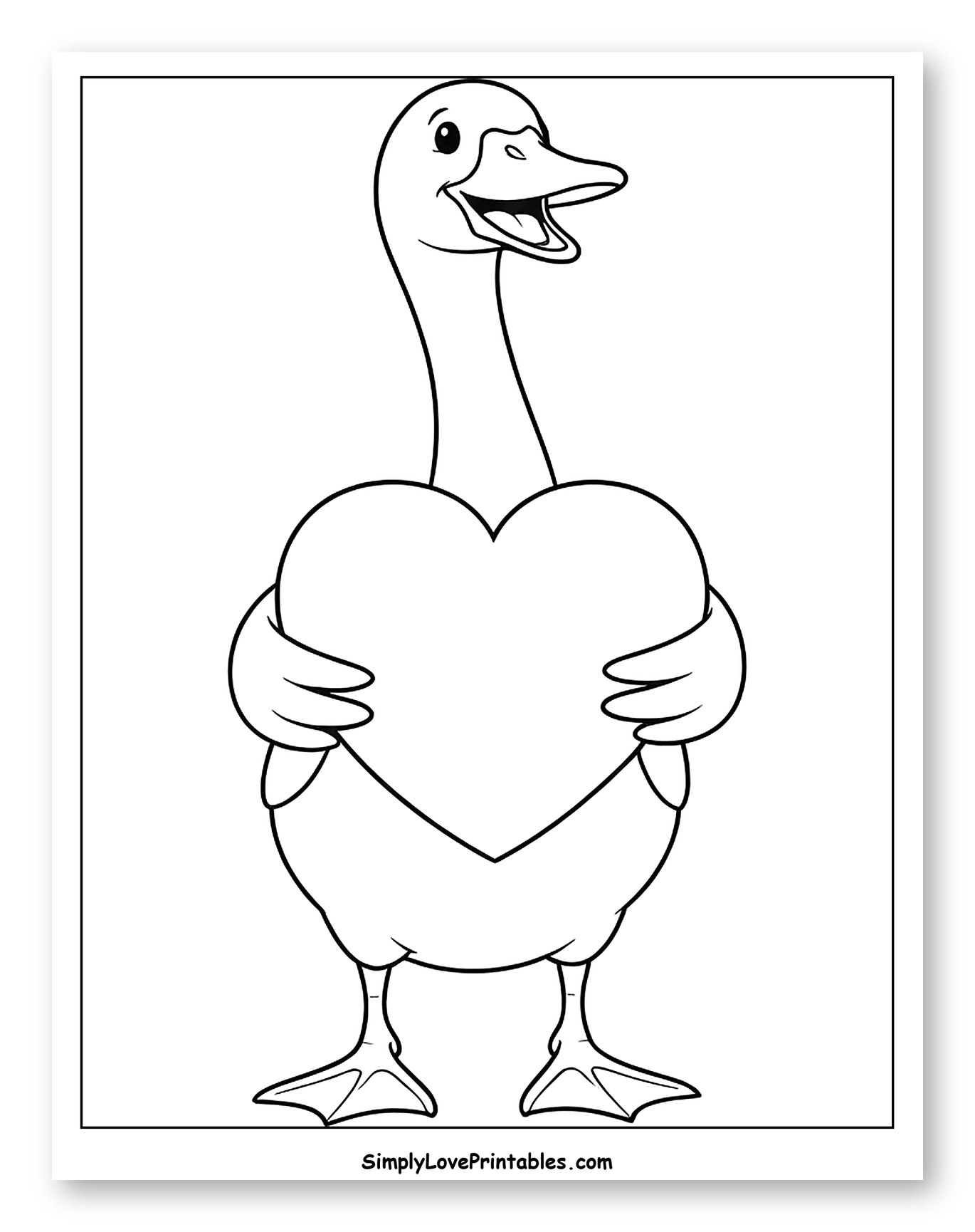 Happy Goose Lovingly Holding a Heart Coloring Page for Toddlers