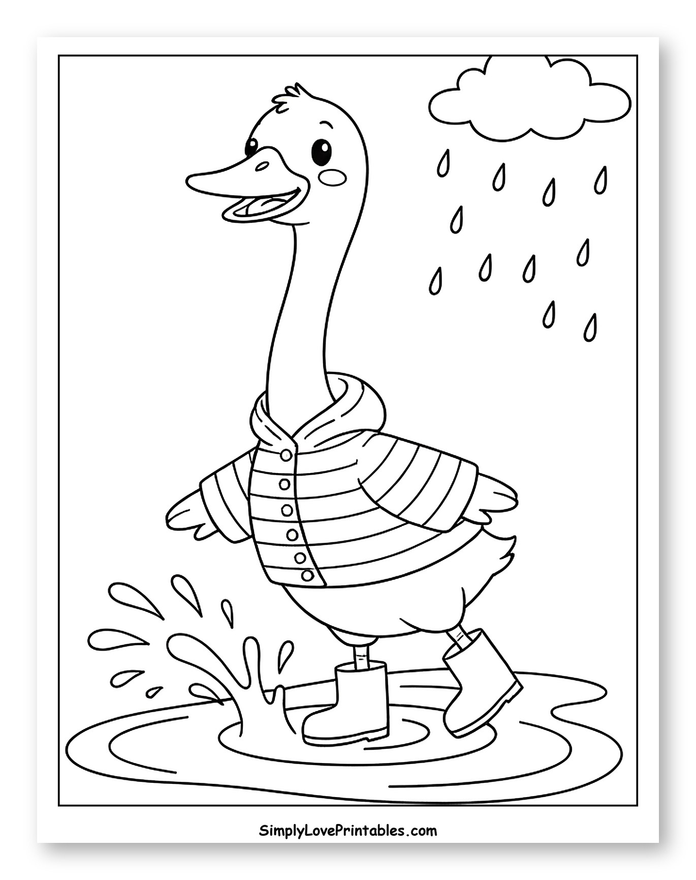 Happy Goose Splashing in Rain Puddles to Color for Kids