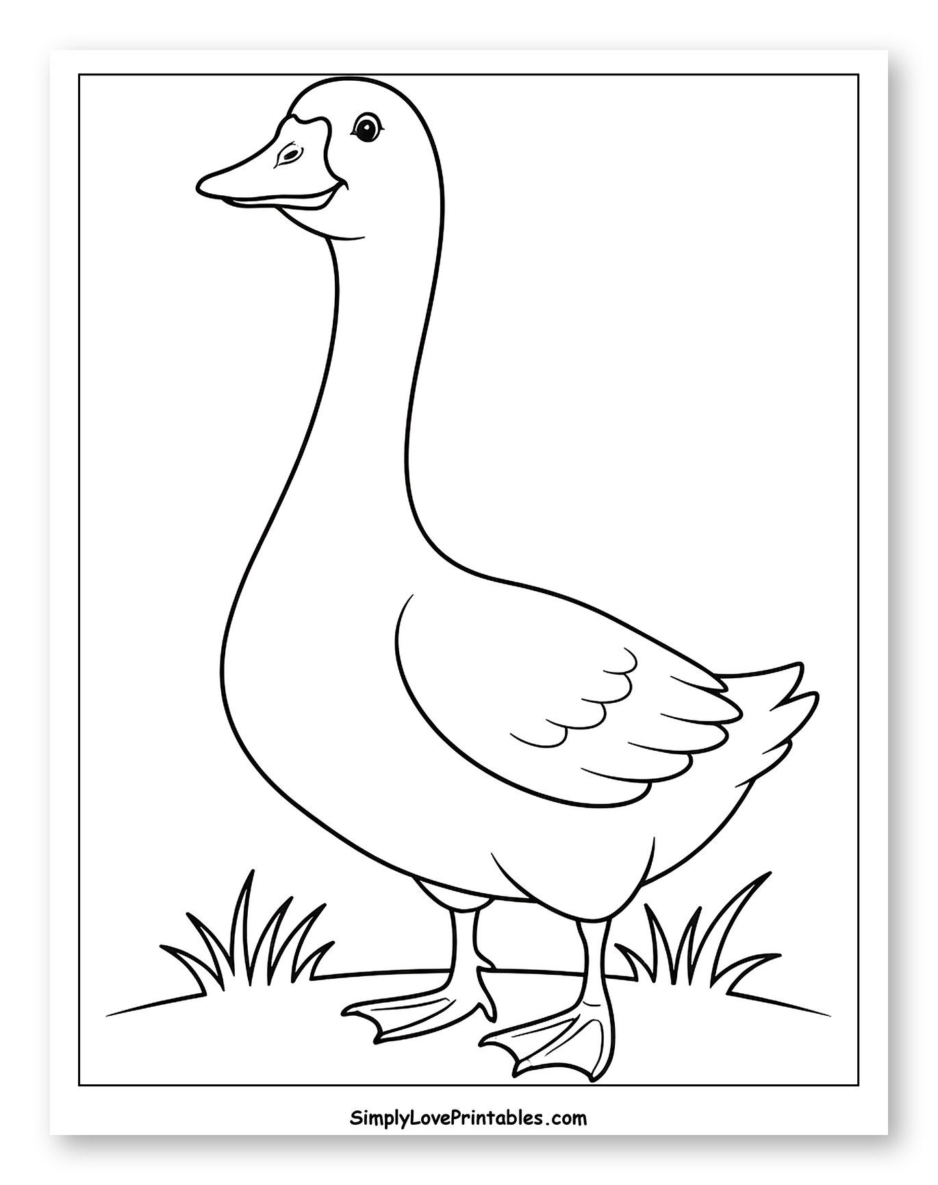 Happy Goose Standing on Green Grass Coloring Sheet for Toddlers
