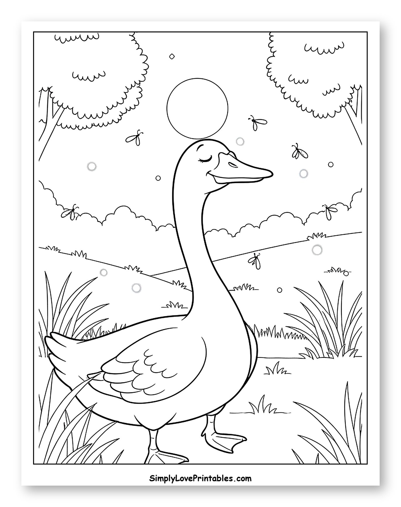 Happy Goose Walking in a Grassy Field to Color for Kids