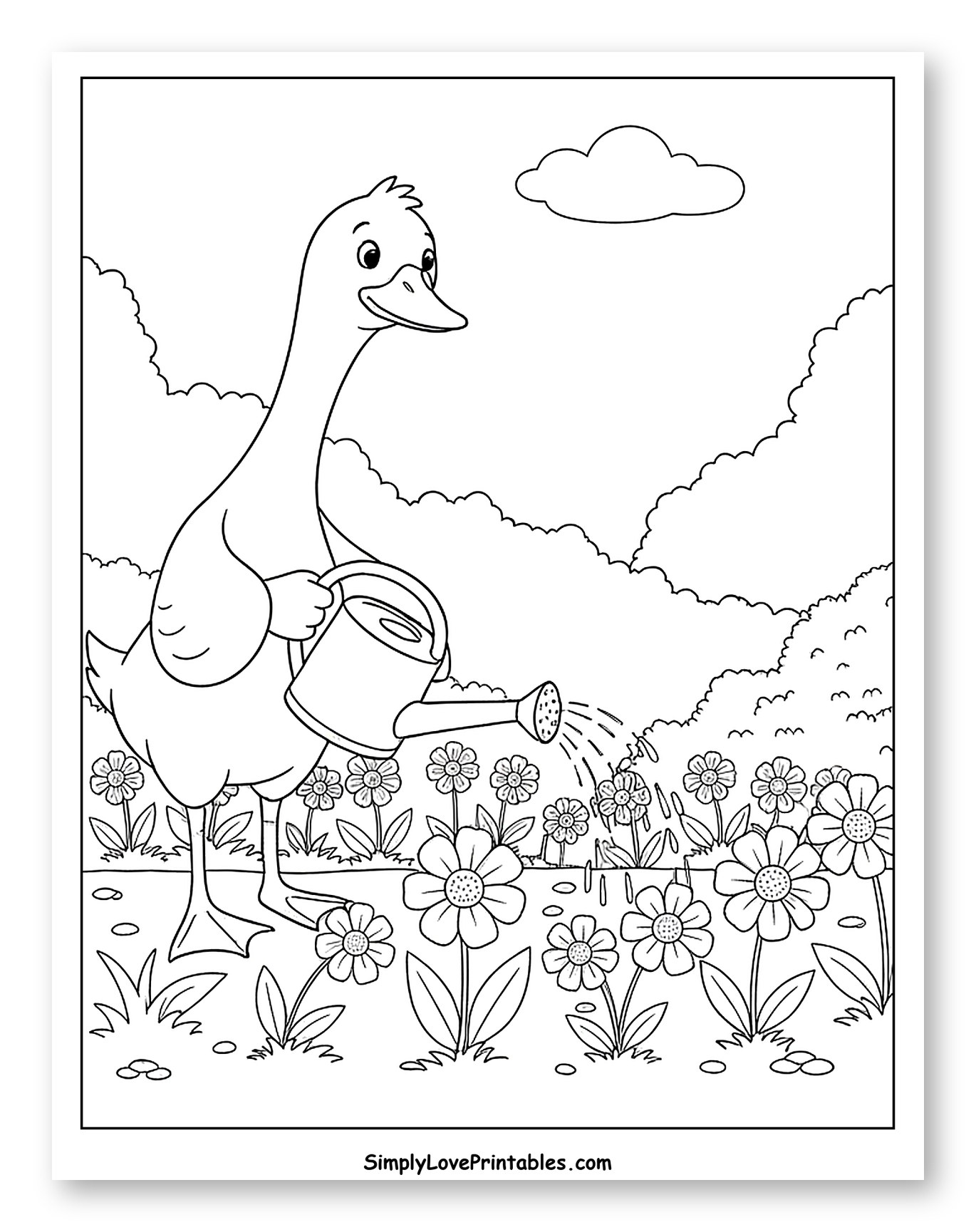 Happy Goose Watering a Flower Garden Coloring Sheet for Kids