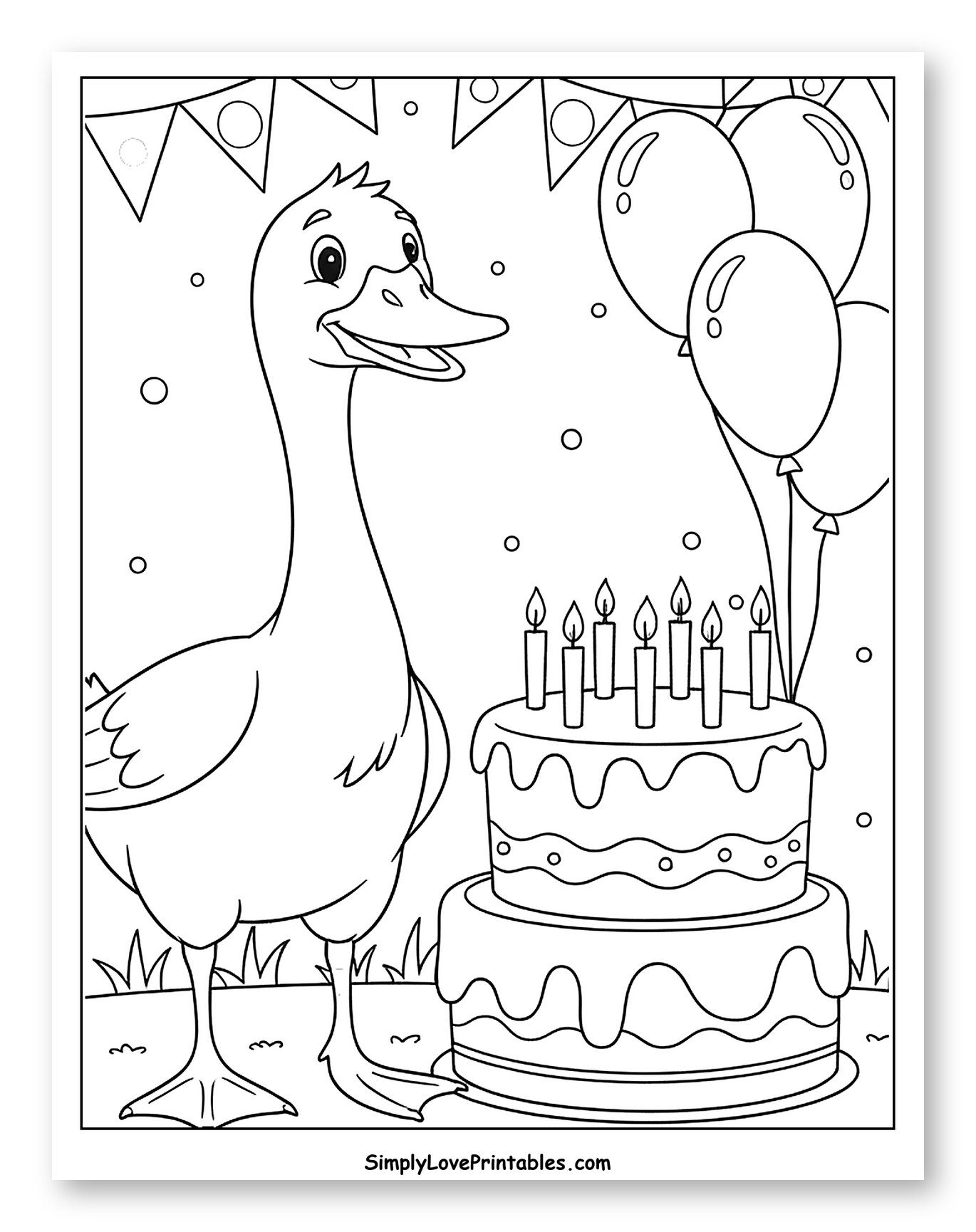 Happy Goose with Birthday Cake and Balloons Coloring Sheet for Kids