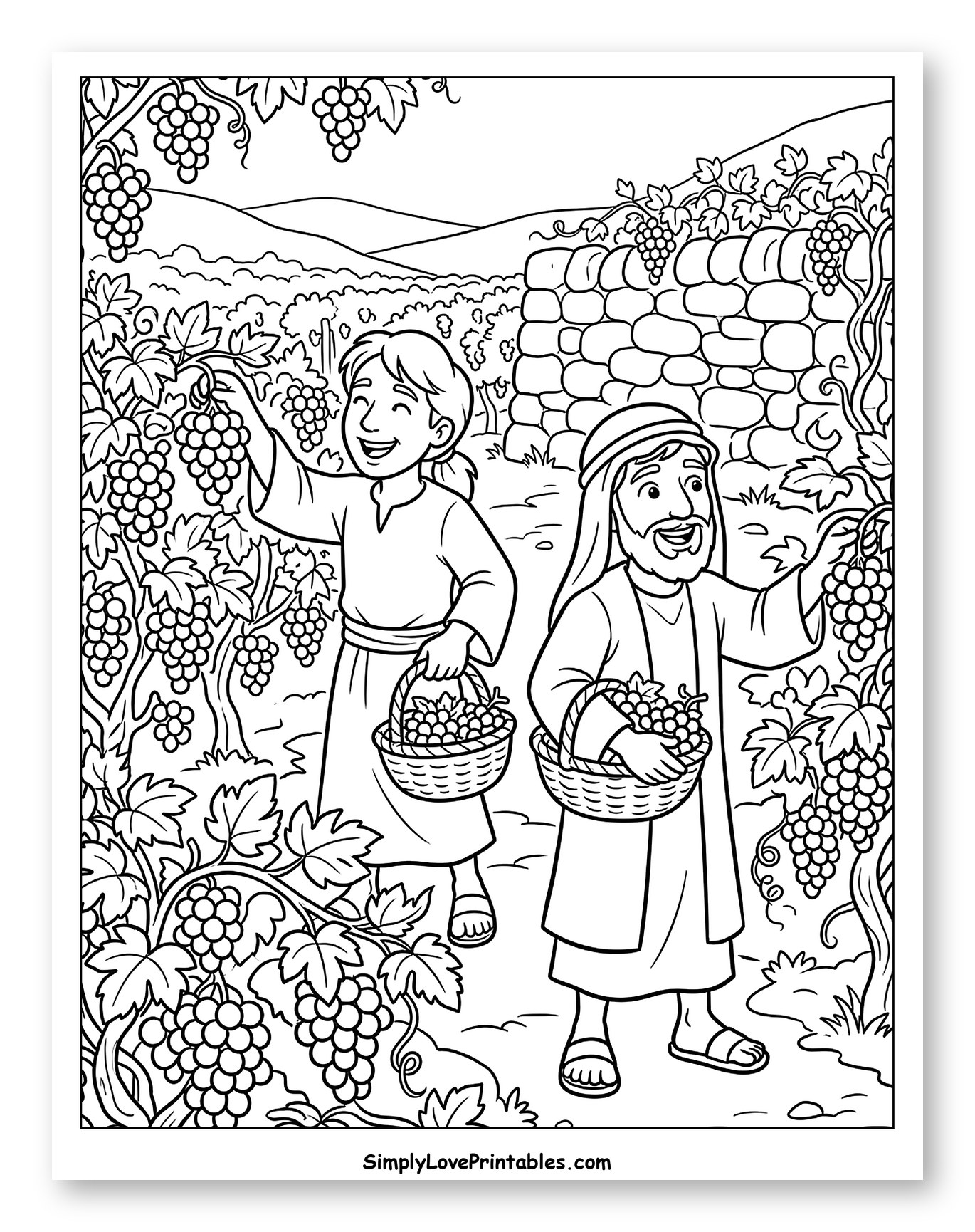 Happy Grape Harvesters in Vineyard Coloring Page for Kids