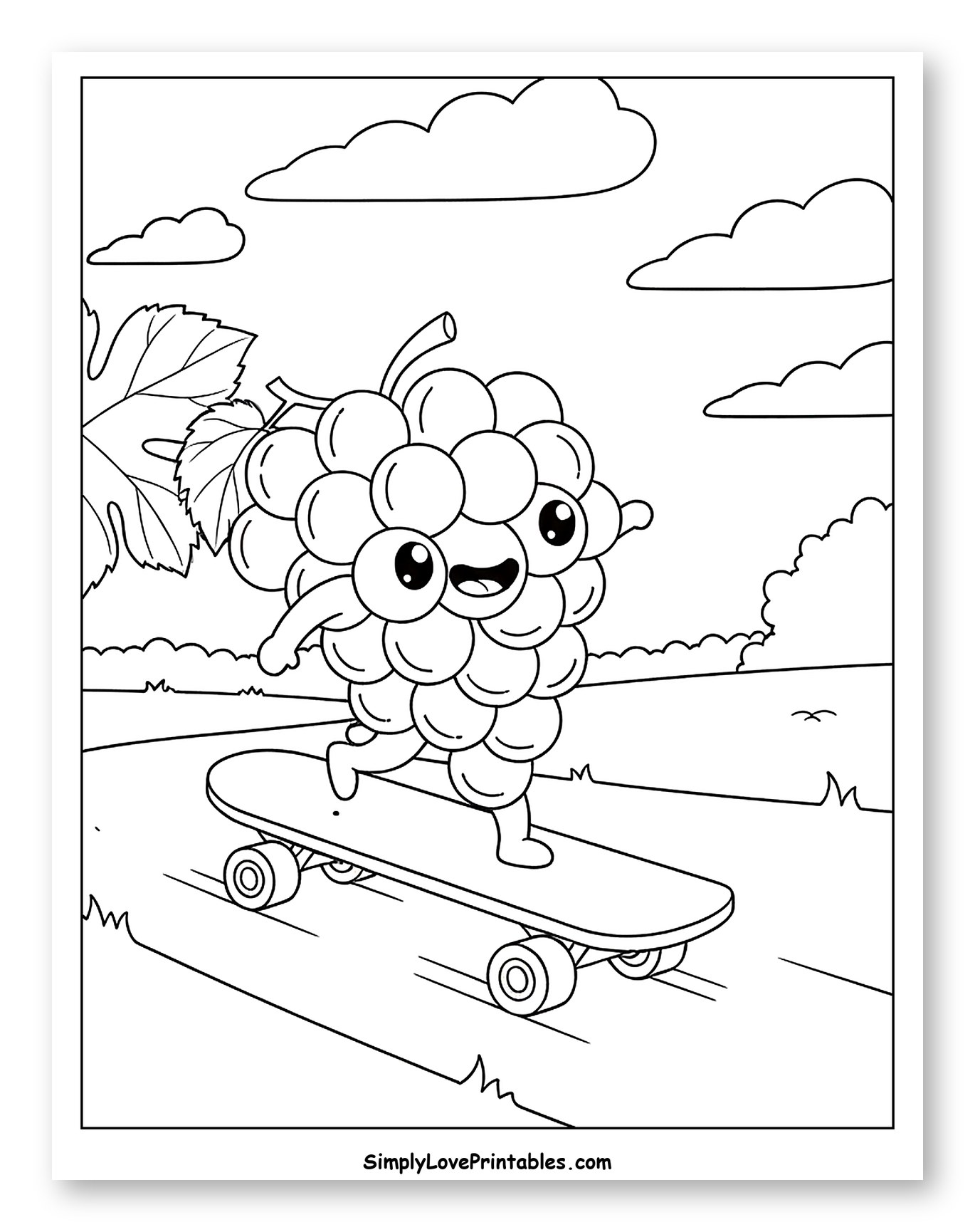 Happy Grape Skateboarder on a Winding Path