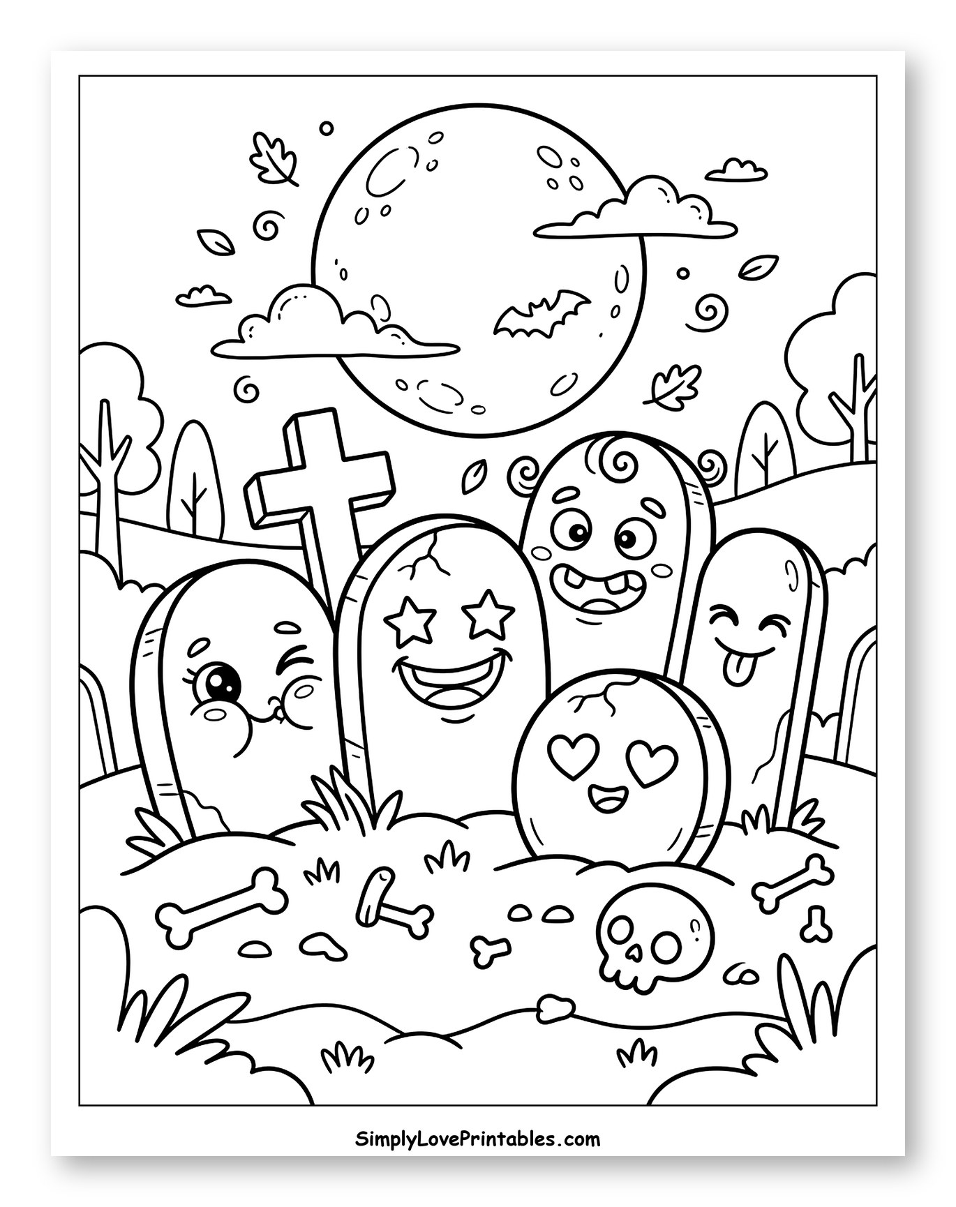 Happy Gravestones Under a Full Moon to Color for Kids