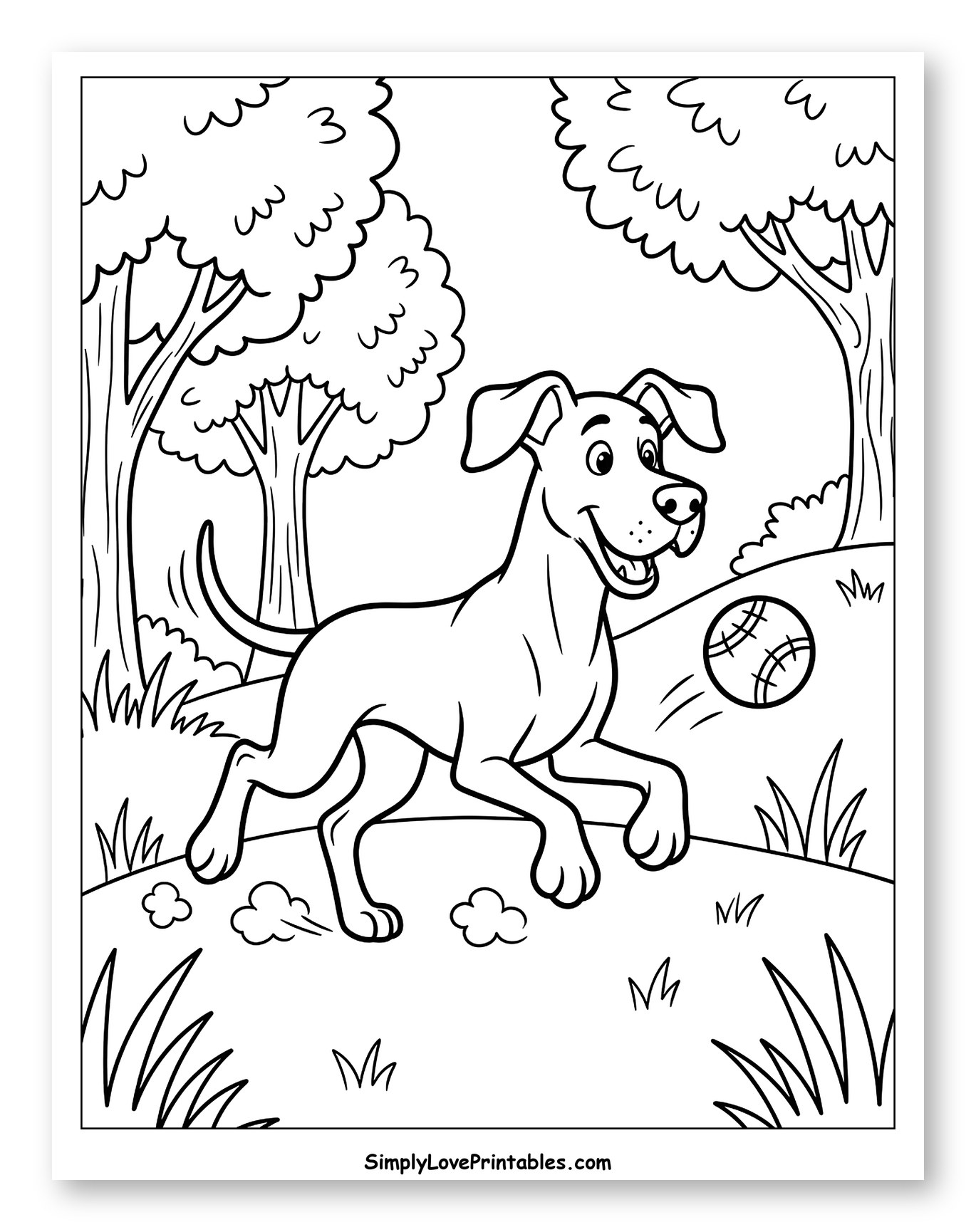 Happy Great Dane Chasing a Ball in the Park to Color for Kids