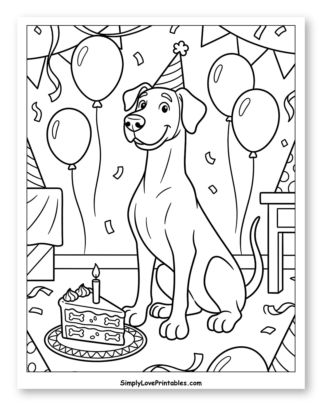 Happy Great Dane Dog's Birthday Party Coloring Sheet for Kids