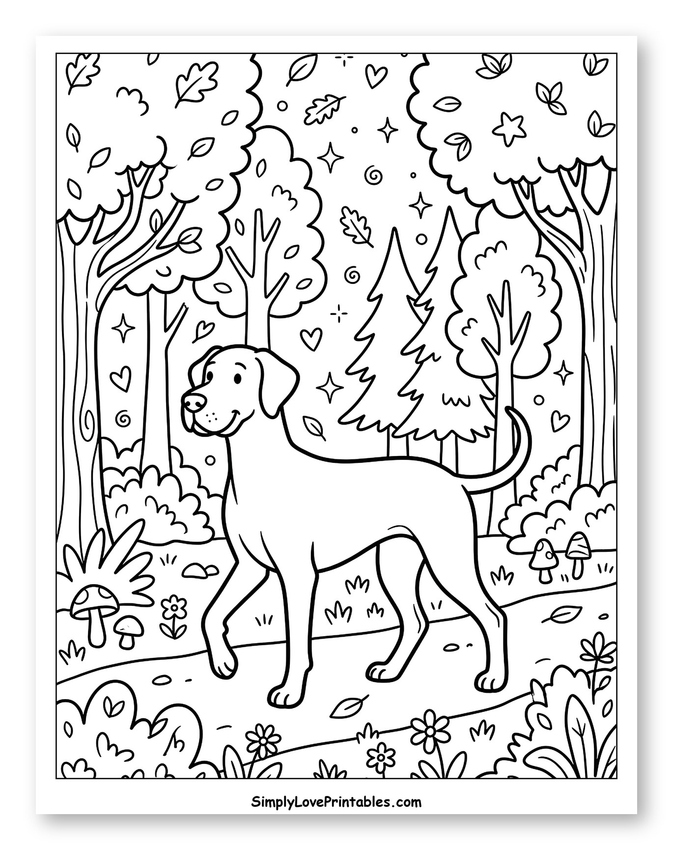 Happy Great Dane Strolling Through Woods Coloring Page for Adults