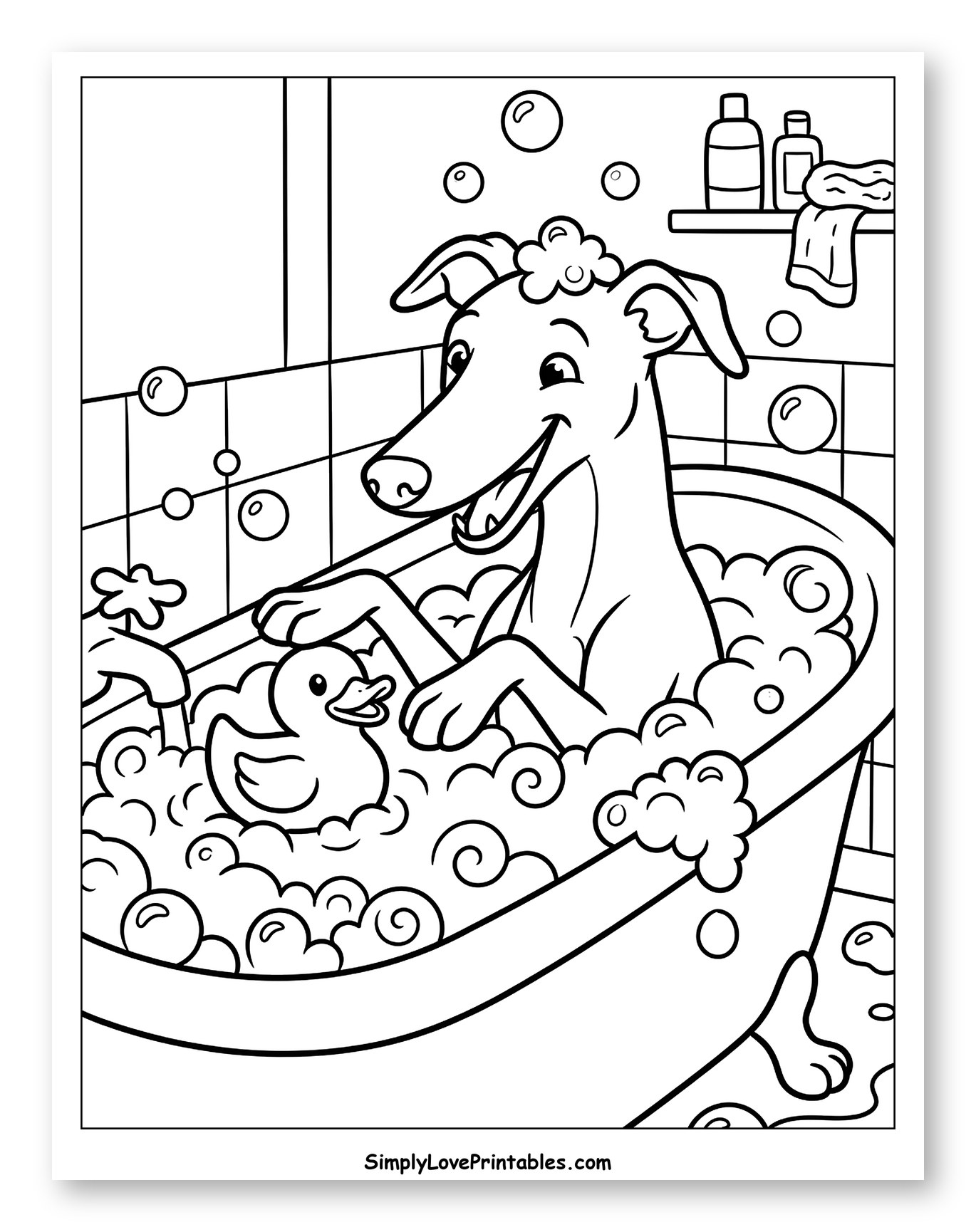 Happy Greyhound Dog in a Bubble Bath Coloring Sheet for Kids