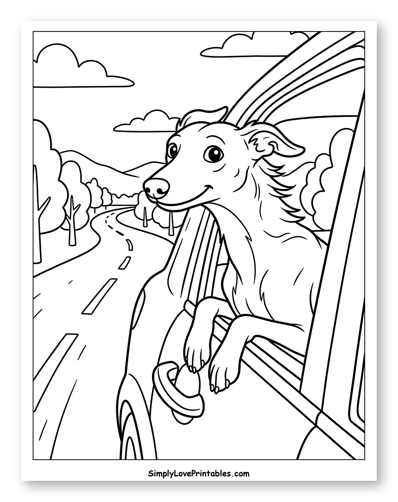 Happy Greyhound Dog Riding in Car Coloring Page for Kids