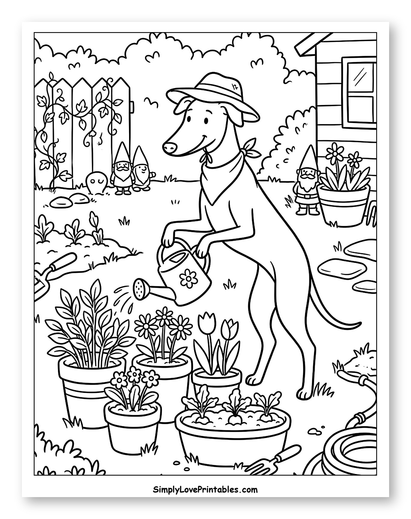 Happy Greyhound Gardening with Gnome Friends