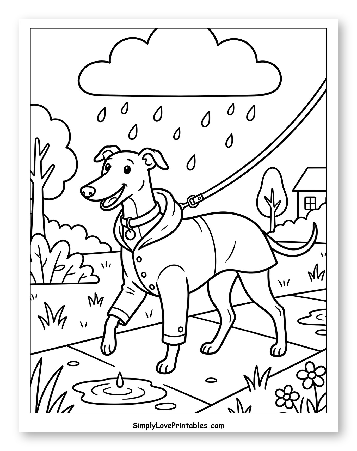 Happy Greyhound in Raincoat Walking in Rain Coloring Page for Kids