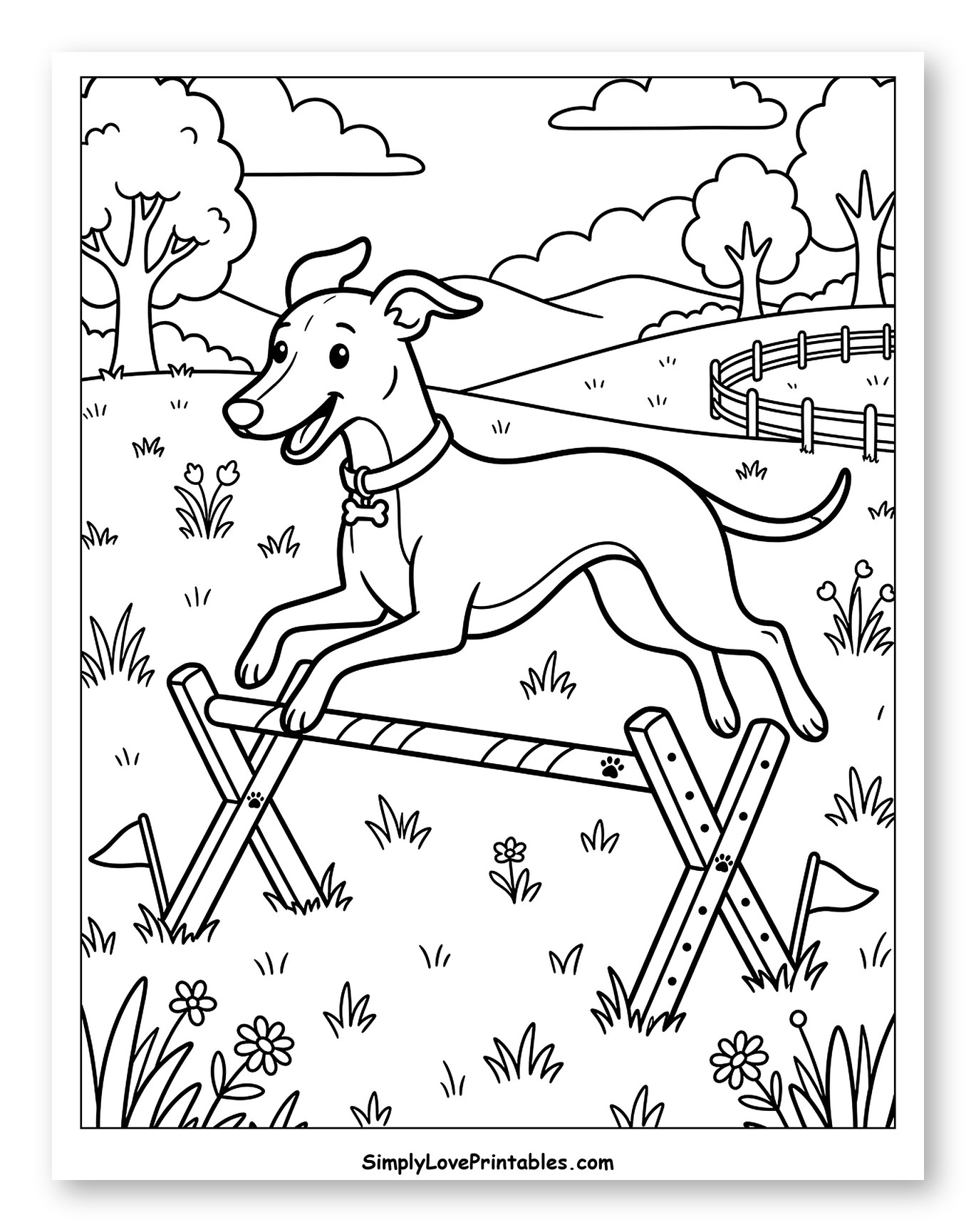 Happy Greyhound Leaping Over Agility Hurdle Coloring Page for Kids